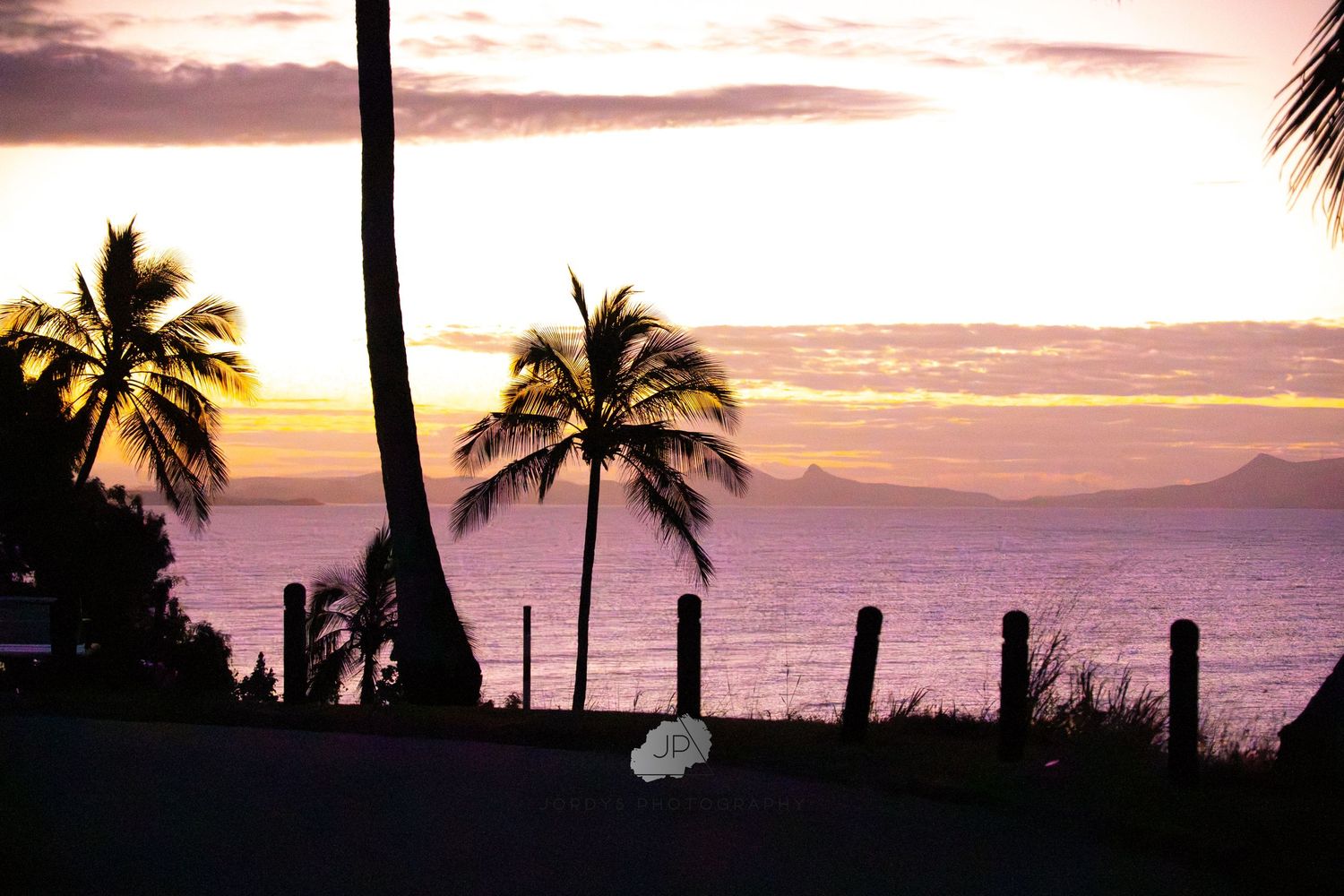 Row of silhouetted palm trees against a vibrant sunset sky over the ocean in Hawaii creates a tropical paradise scene.
