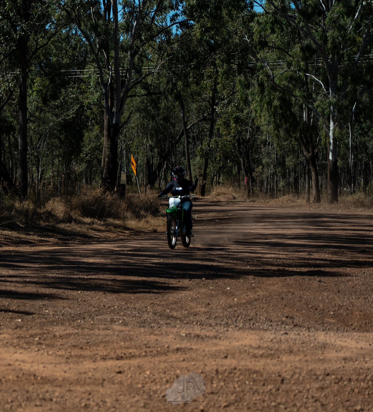 Five dirt trails converge at a forested intersection with tall trees and dry earth forming a natural meeting point.