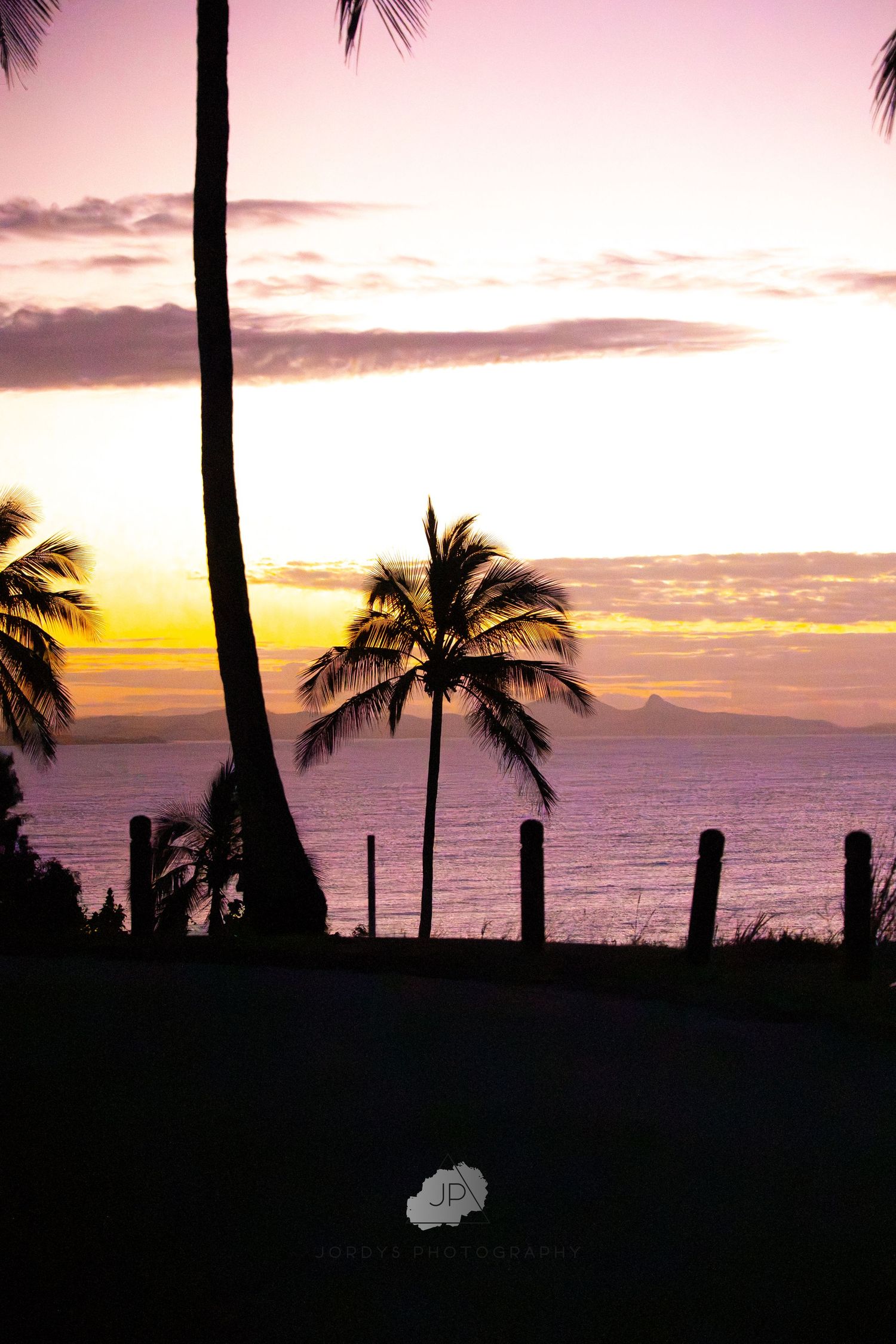 Silhouetted palm trees frame a vibrant sunset over the ocean with pink and orange clouds reflecting in the water.