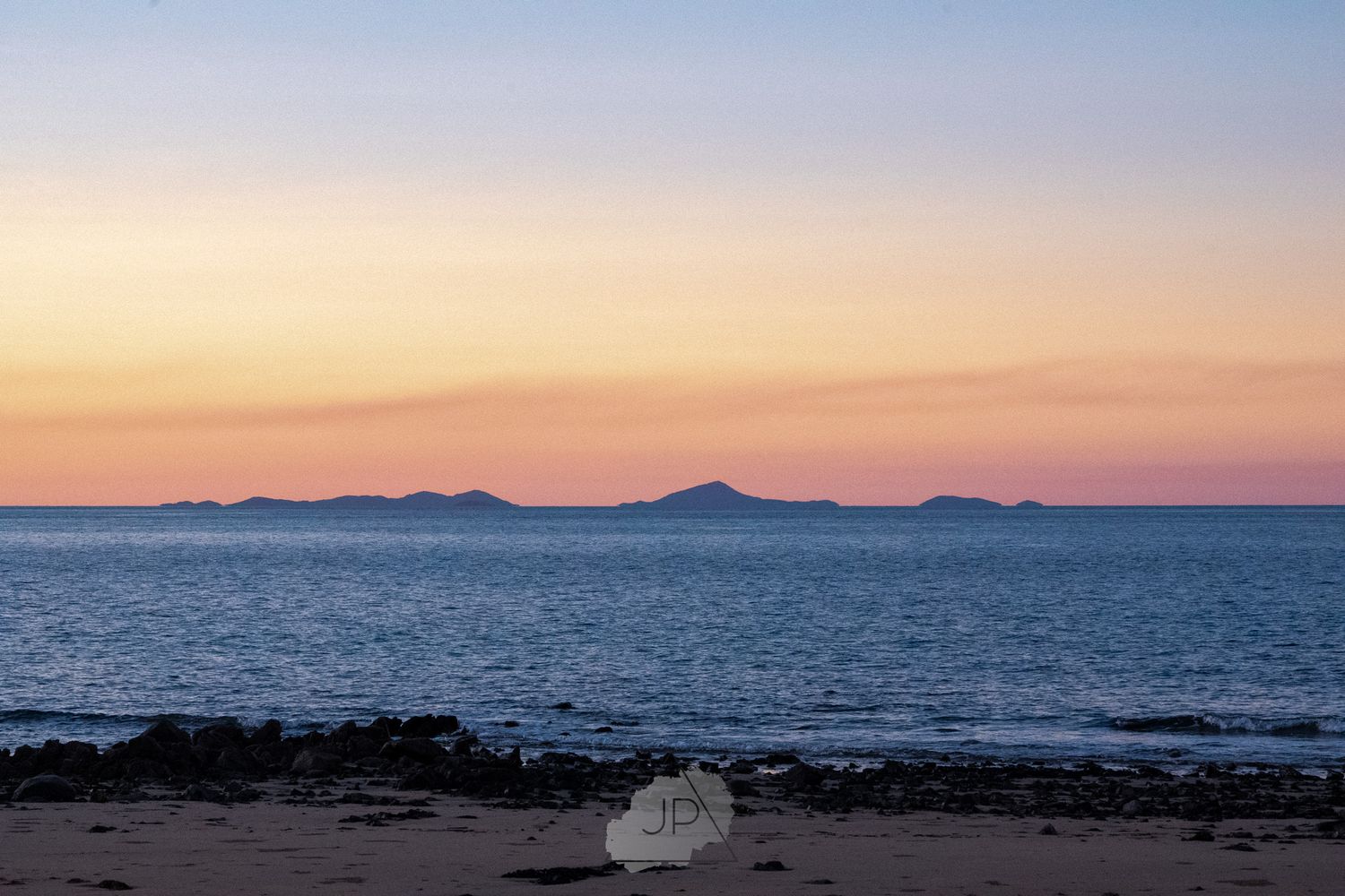 A string of six tranquil sunset coastal scenes showing beaches, rocky shorelines and calm ocean waters at dusk.