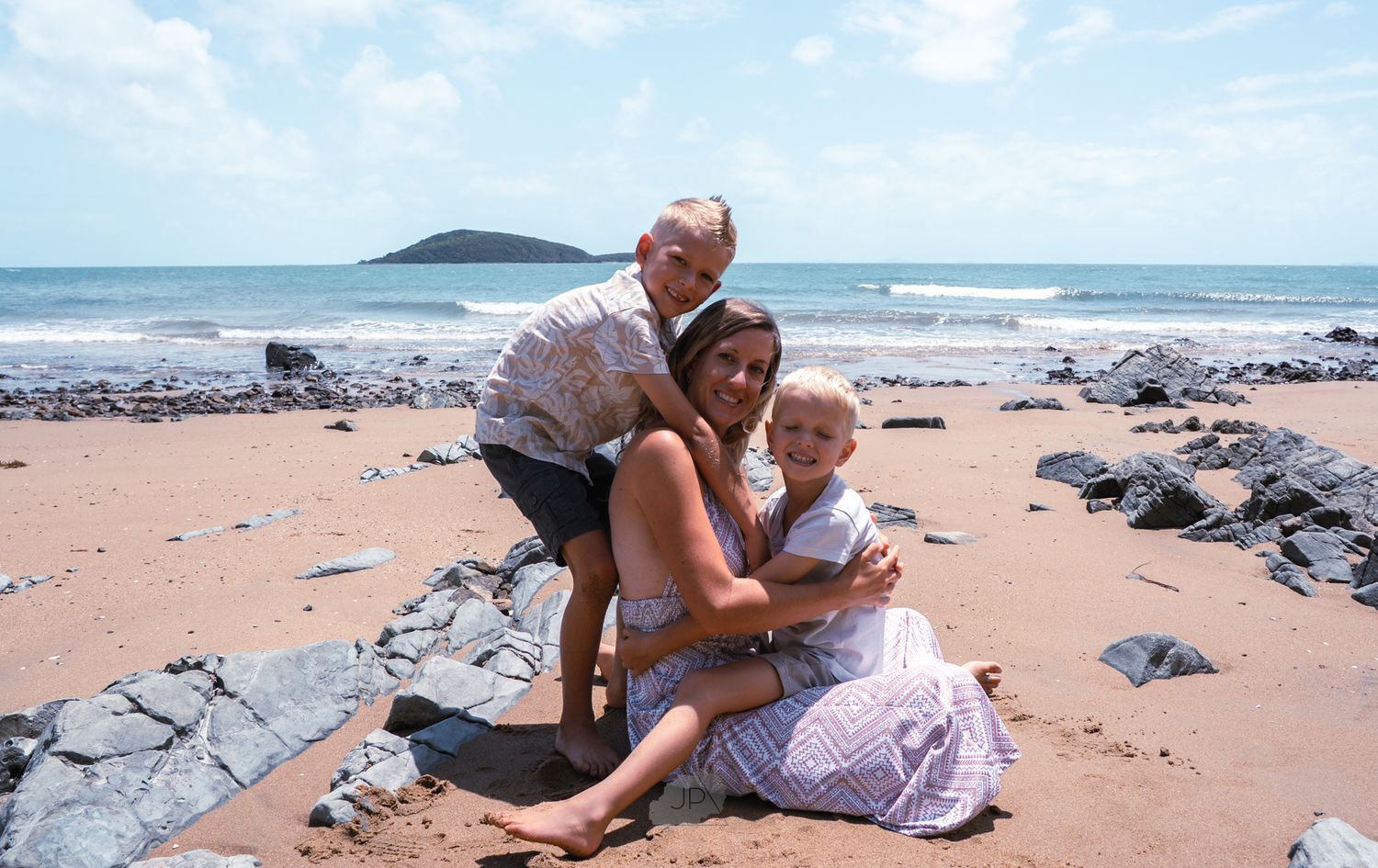 A series of beach photos showing people relaxing and playing on a sandy shoreline with ocean waves in the background.