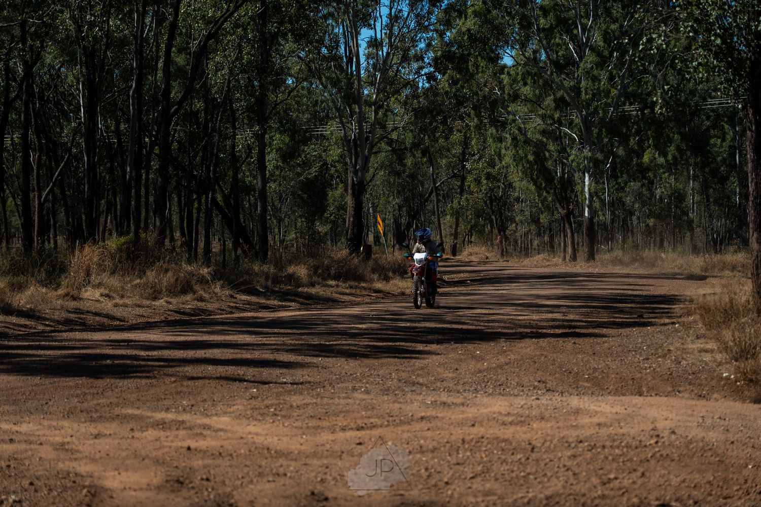 A person riding a motorcycle on a dusty trail through an Australian bush forest with tall eucalyptus trees.