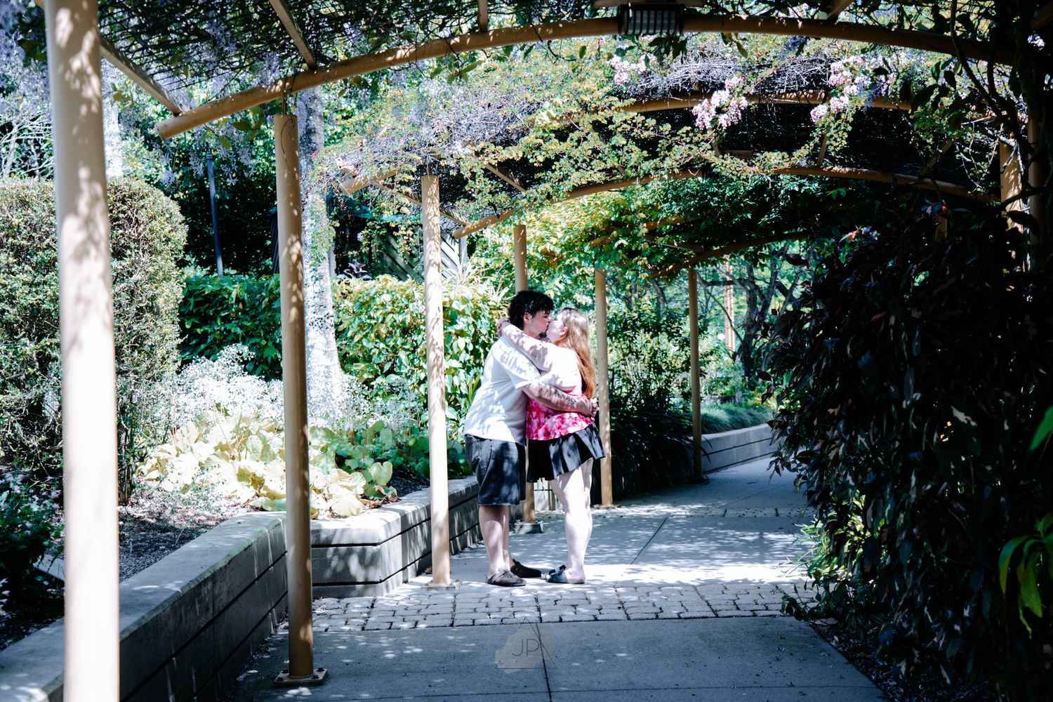 A panoramic view of a stone path winding through a lush garden with trees and greenery.