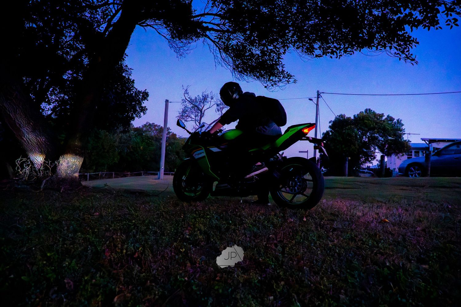 A silhouetted motorcyclist rides through a garden with flowers at dusk against a deep blue twilight sky.