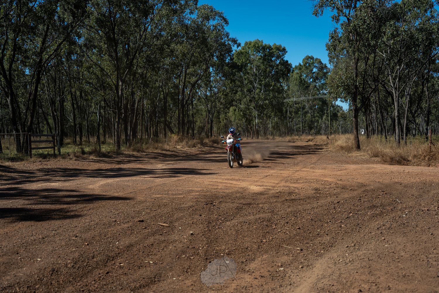 Person stands on a dusty dirt road winding through a dense eucalyptus forest in the Australian bush under blue skies.