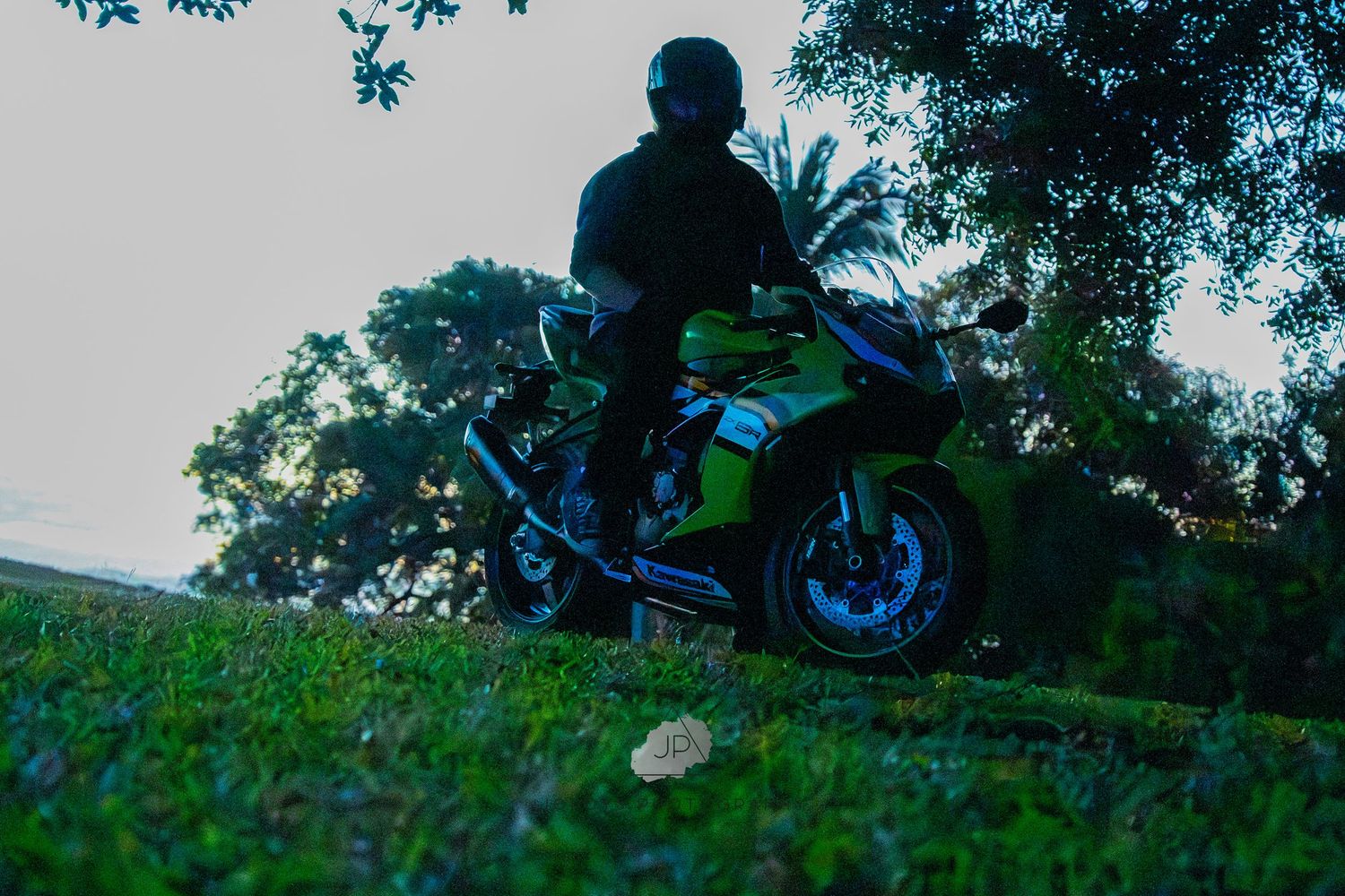 A row of motorcycles parked side by side in a lush outdoor setting against a natural green backdrop.