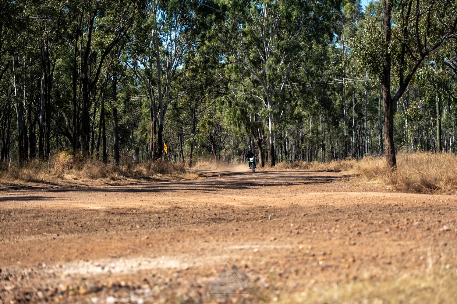 Panoramic view of a dry Australian bush landscape with scattered eucalyptus trees and brown grass in the outback.