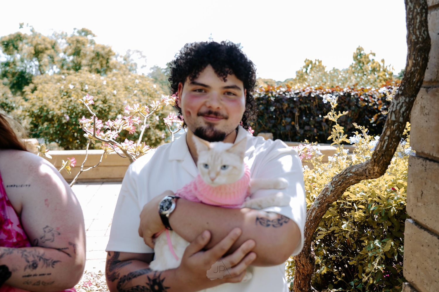 A fluffy white and orange cat being held outdoors in a garden setting on a sunny day.