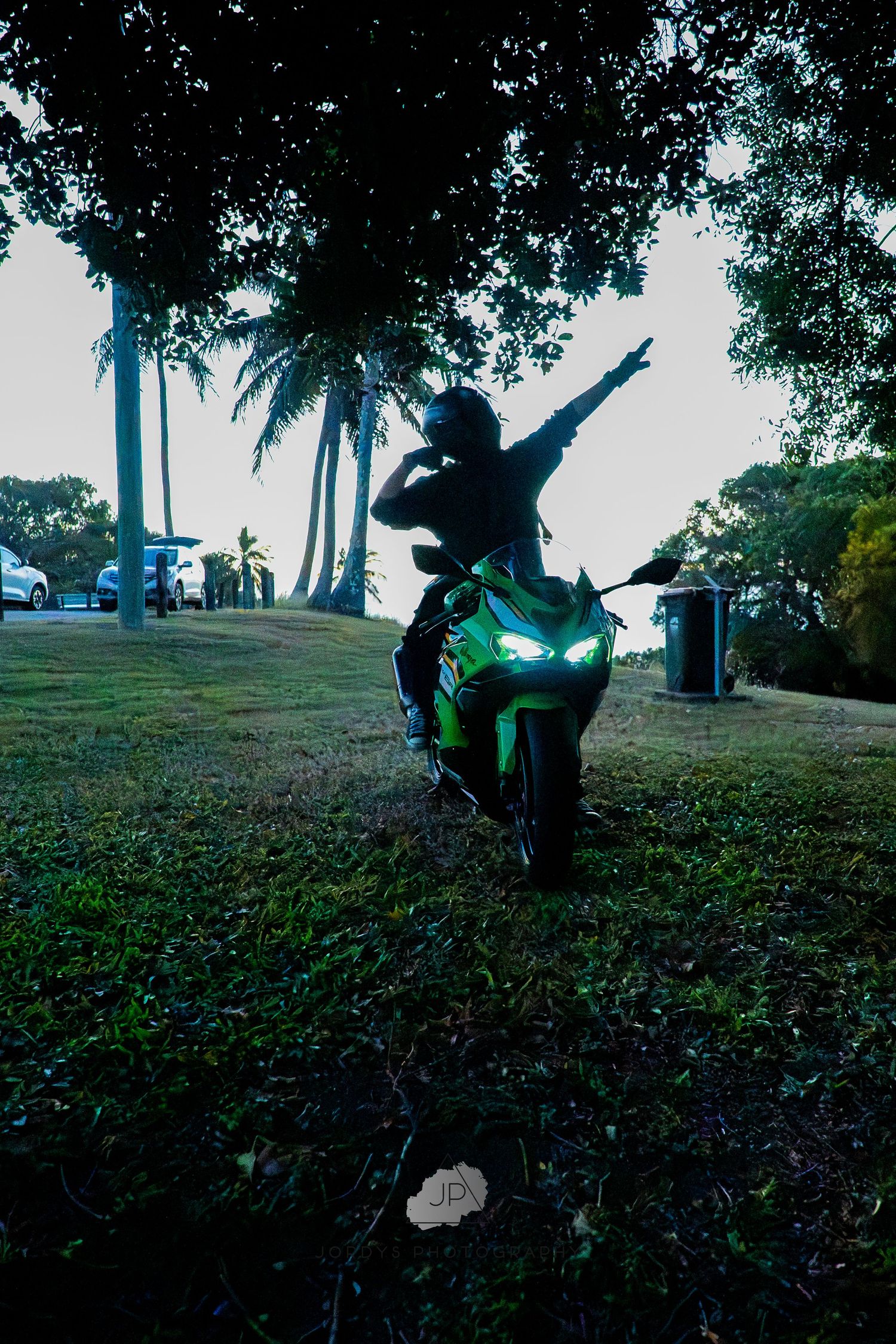 A skateboarder performs a dynamic trick at dusk in a park setting with palm trees silhouetted in the background.