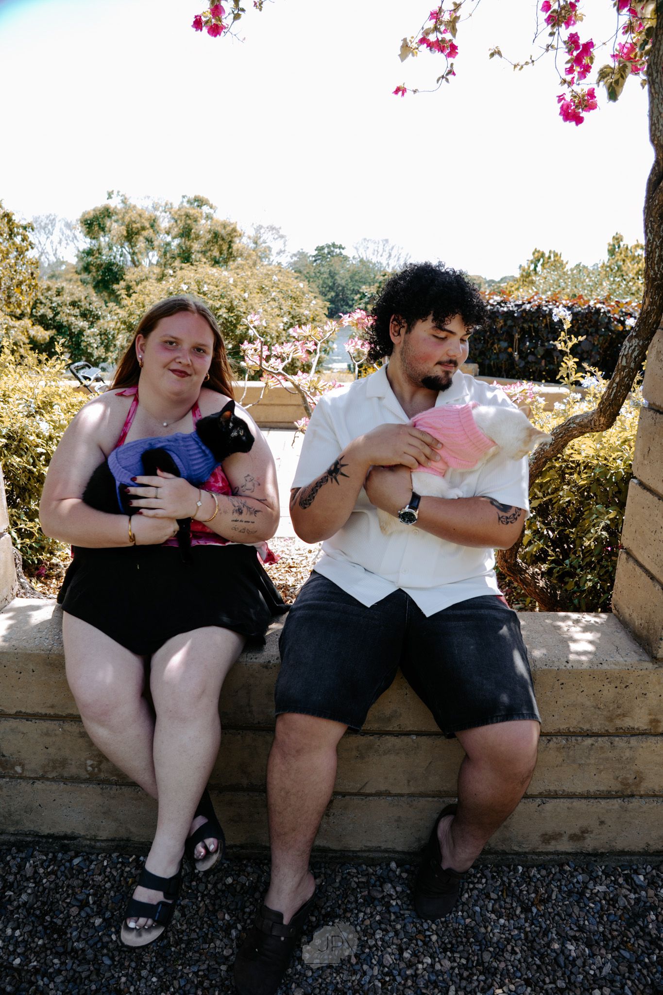 Two people sit close together on a stone ledge outdoors with trees and pink flowers visible in the background.