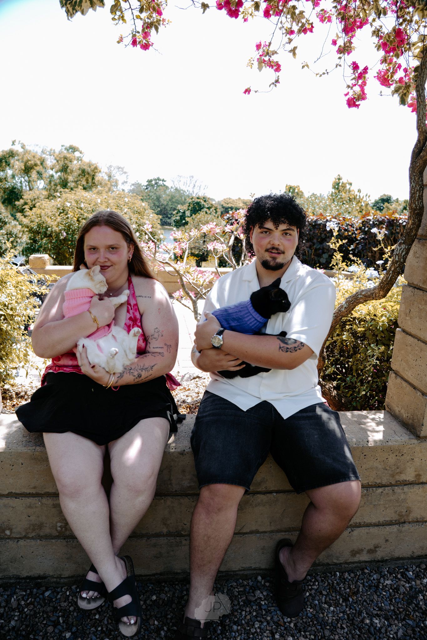 Two people sit together on a stone wall in a garden setting with pink flowers blooming overhead.