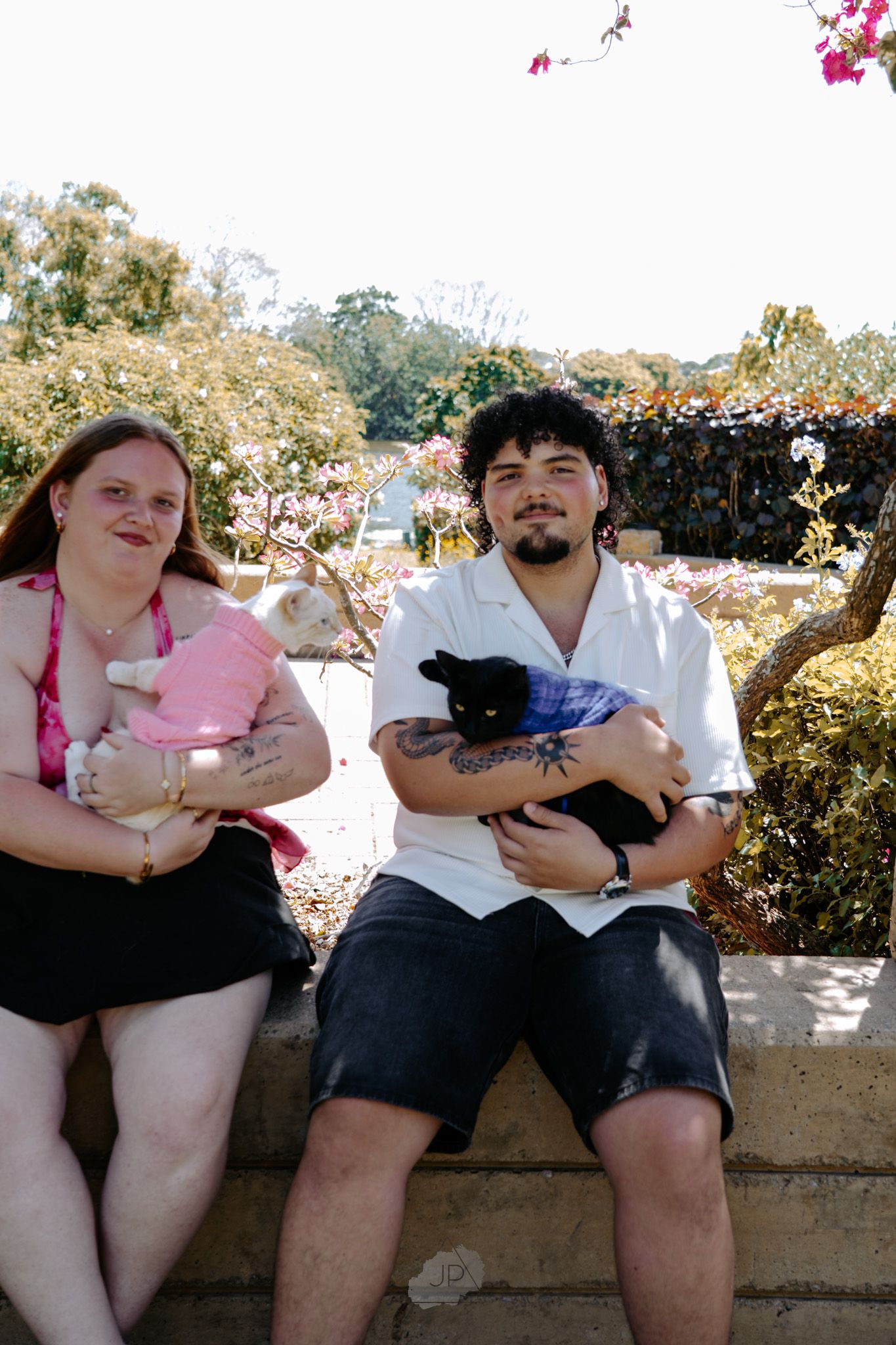 A group sits together on a stone wall in a sunny garden with pink flowers blooming in the background.