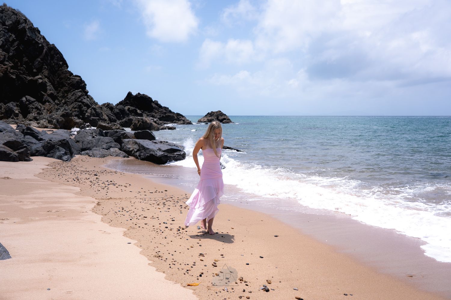 A series of scenic beach photos showing sandy shores, rocky coastlines, and turquoise waters along a tropical coastline.