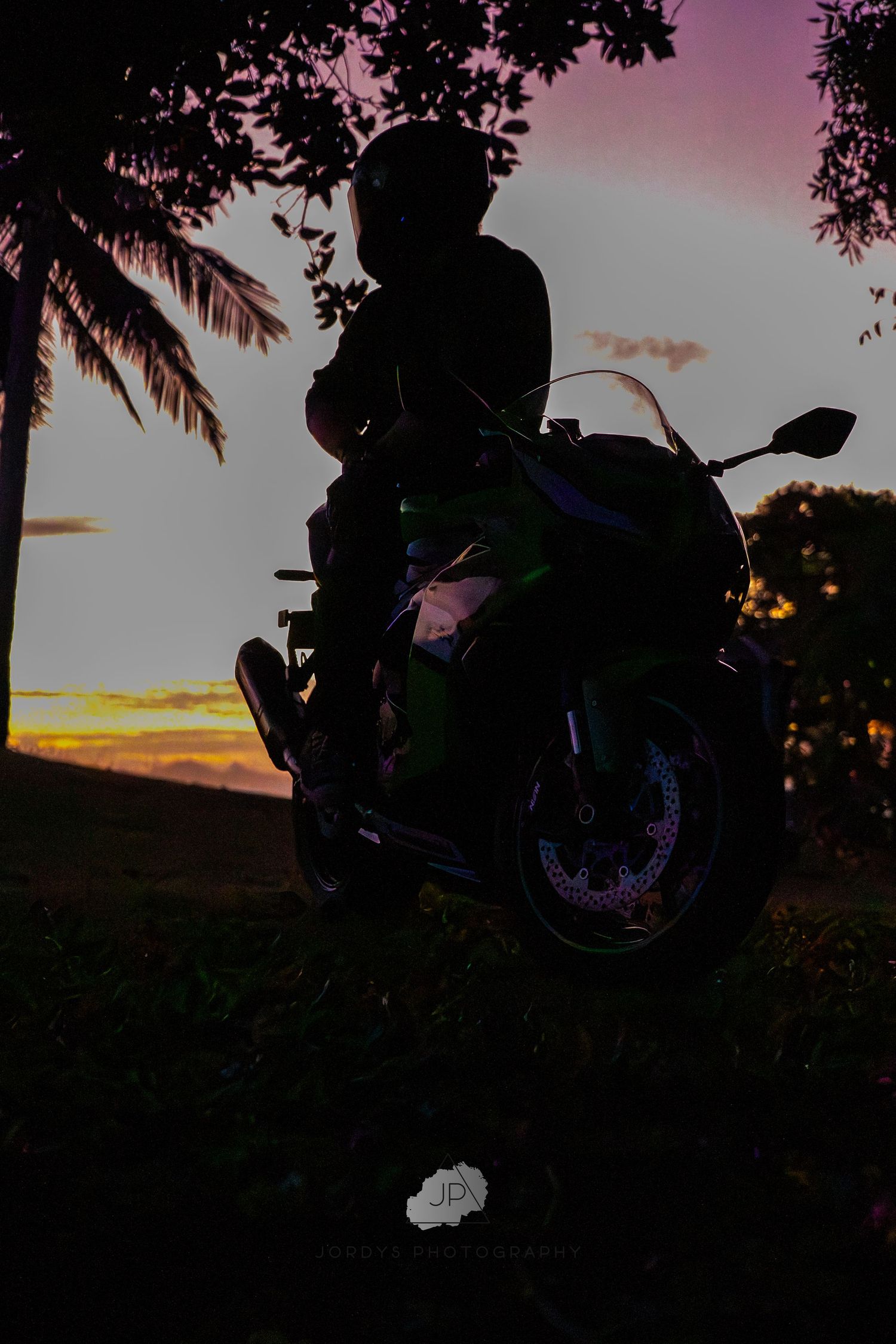 A silhouetted motorcycle and rider against a purple sunset sky with palm trees framing the scene.