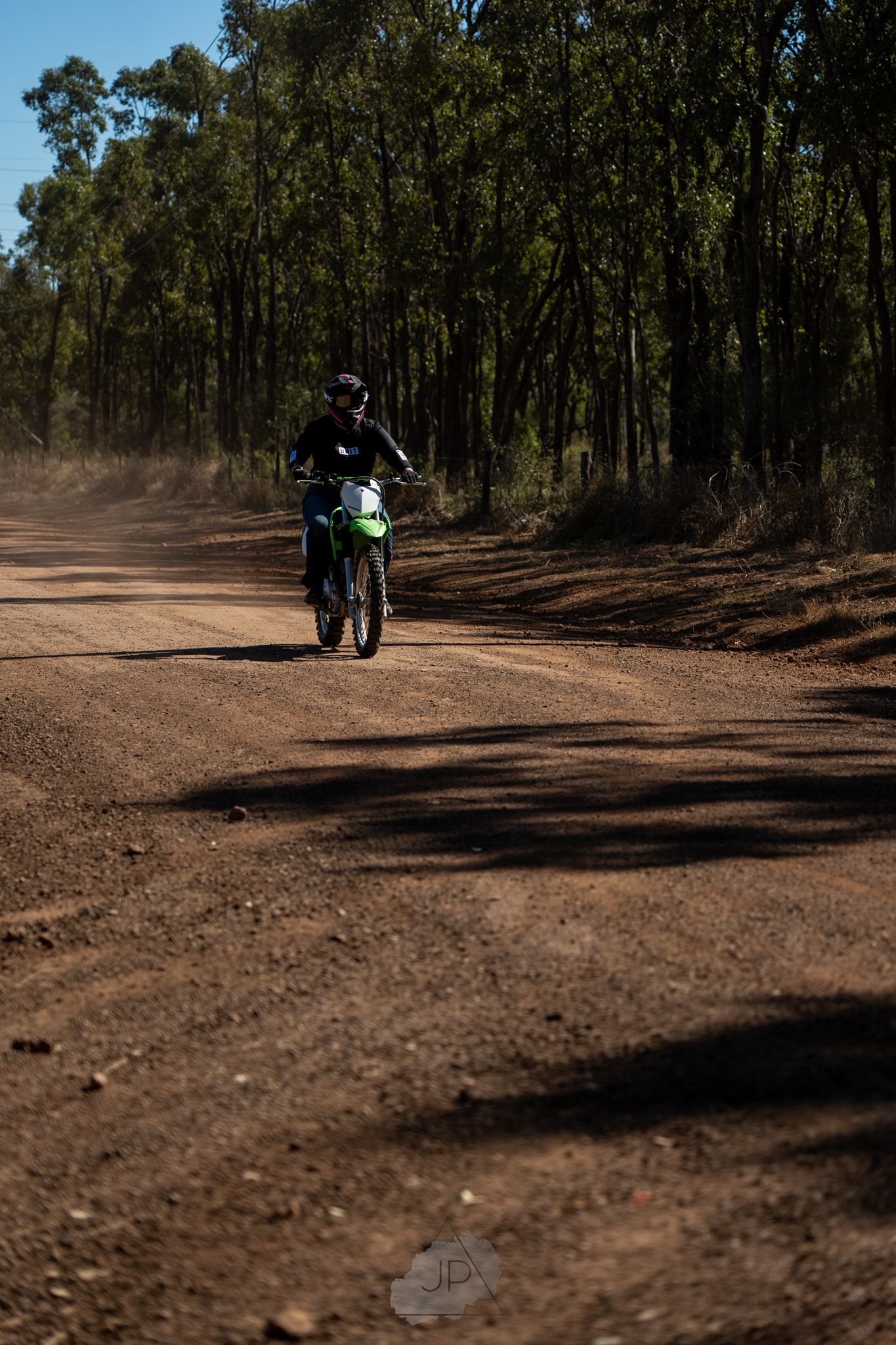 A motorcycle rider navigates a dusty dirt trail through tall eucalyptus trees on a sunny day.