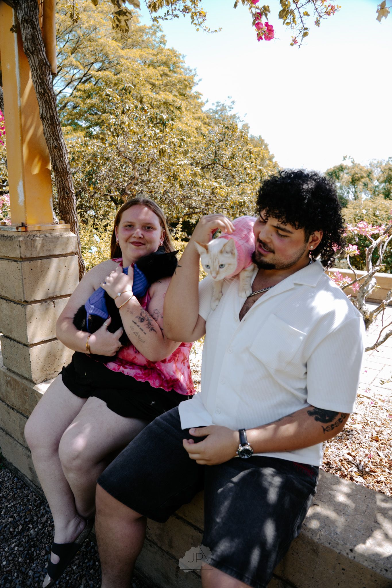 Two people sit on a porch bench holding pet cats while relaxing in the dappled sunlight under flowering trees.