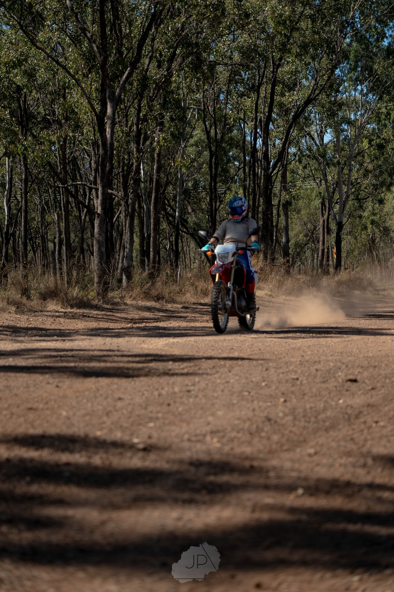 Dirt bike rider kicks up dust while riding through a forest trail on a sunny day.