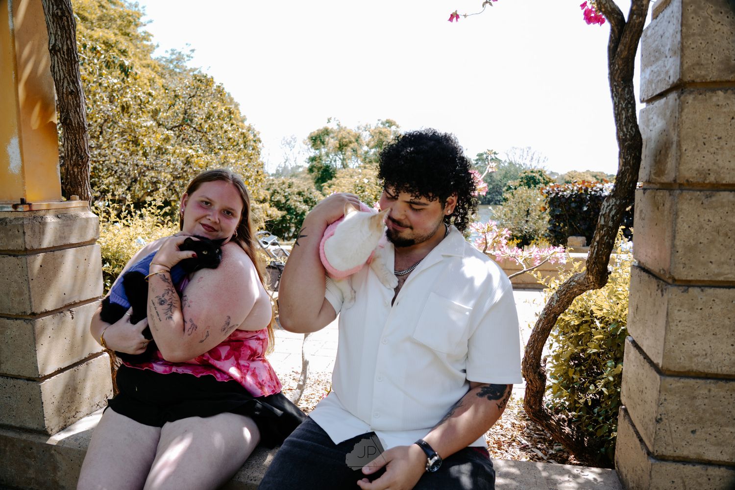 A series of candid wedding photos showing joyful moments between a couple during their outdoor celebration.