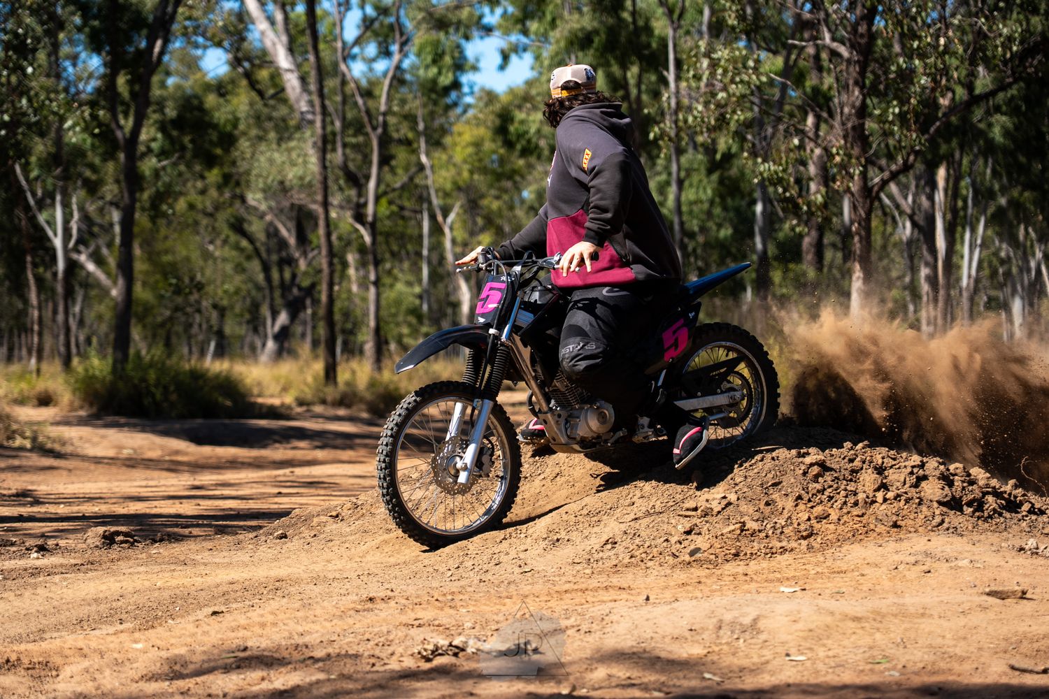 A mountain bike rider navigating through a winding dirt trail surrounded by tall eucalyptus trees in a forest setting.