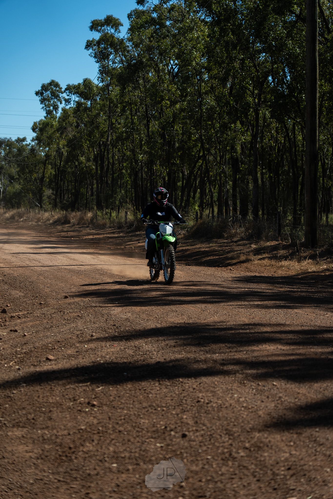 A dirt bike rider traverses a dusty trail through tall eucalyptus trees on a sunny day.