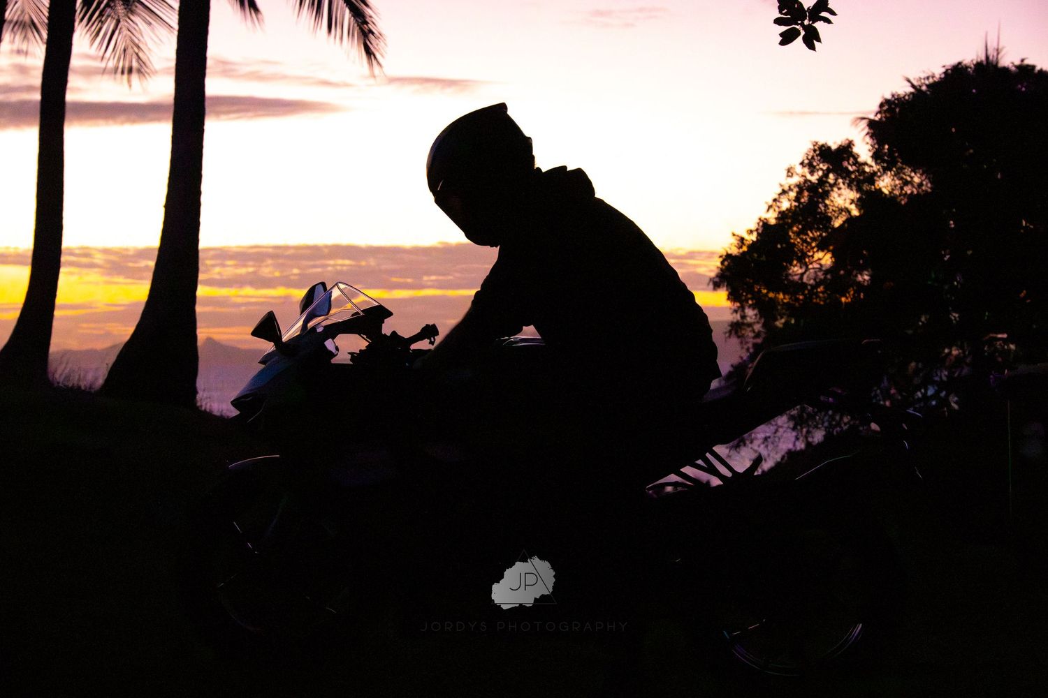 A dramatic silhouette of palm trees against a pink and orange tropical sunset sky.
