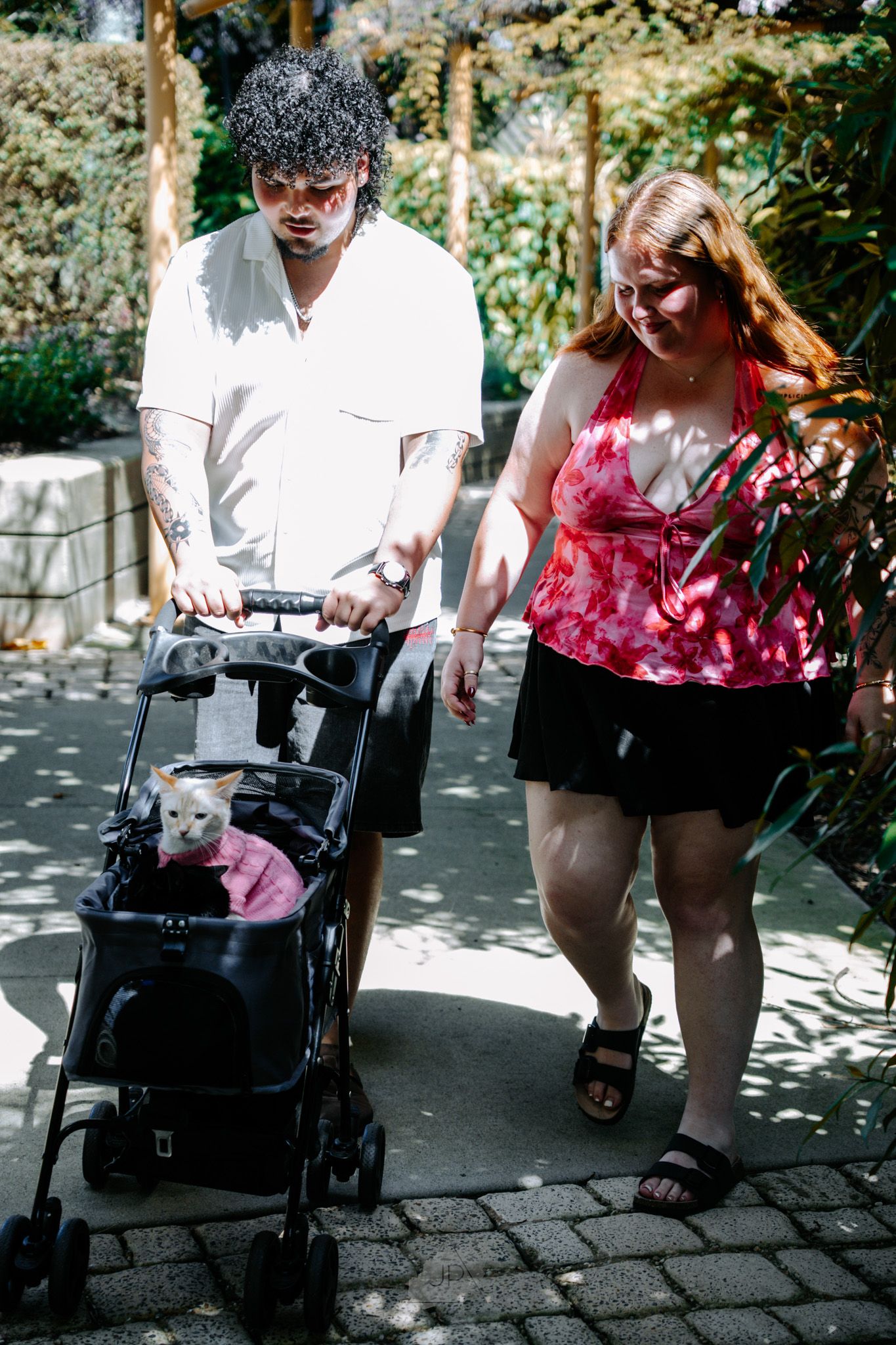 A sequence of outdoor photos showing a person in a wheelchair interacting with someone in a floral dress on a sunny path.