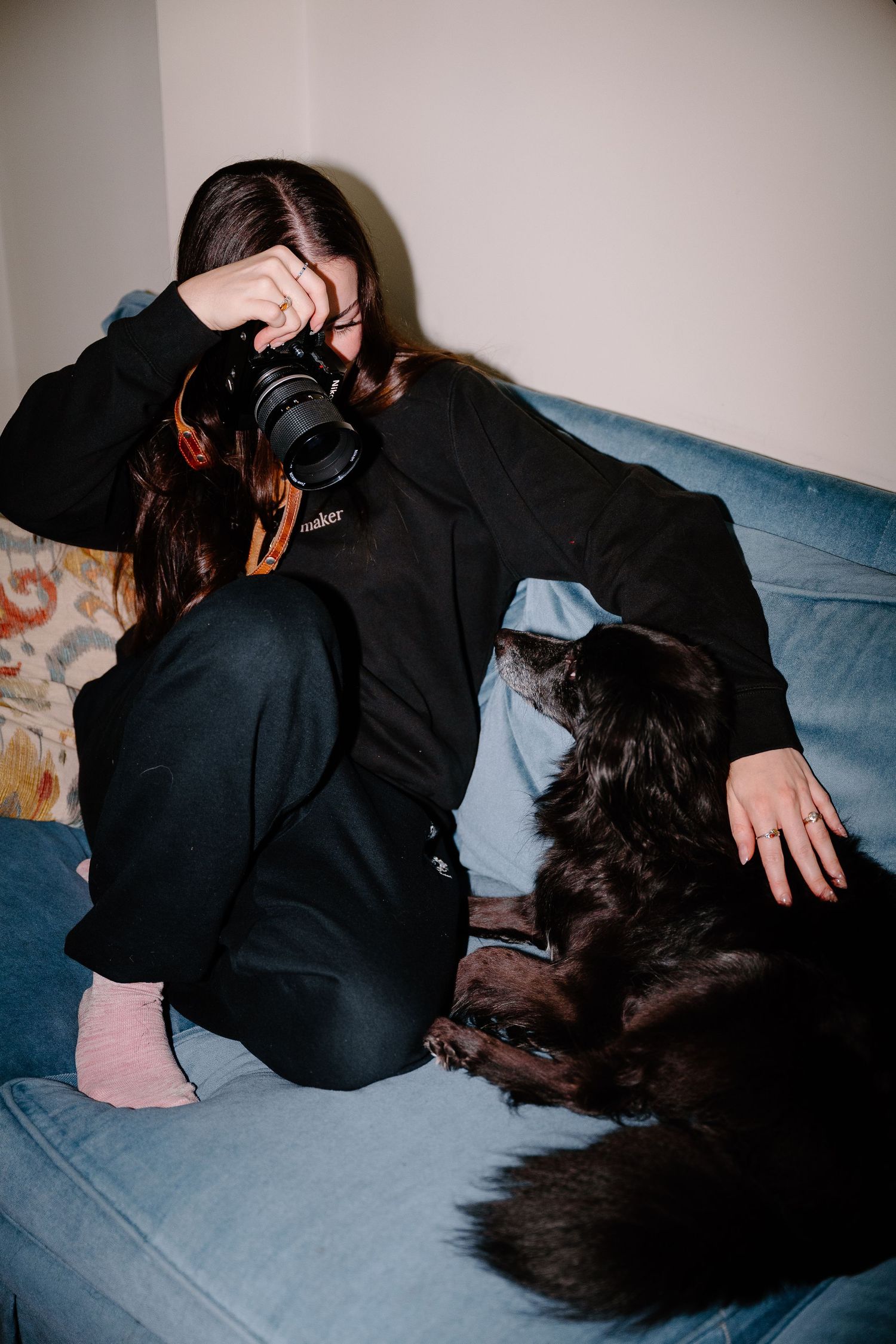 PHOTOGRAPHER in black hoodie photographing a fluffy black dog on a blue couch indoors.