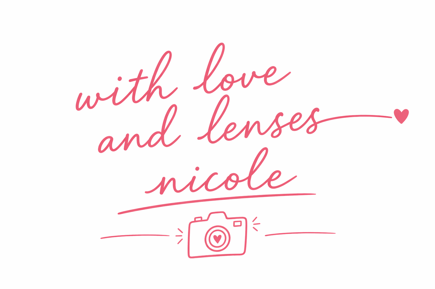 With Love and Lenses Nicole photography logo featuring pink script text and a cute camera illustration.