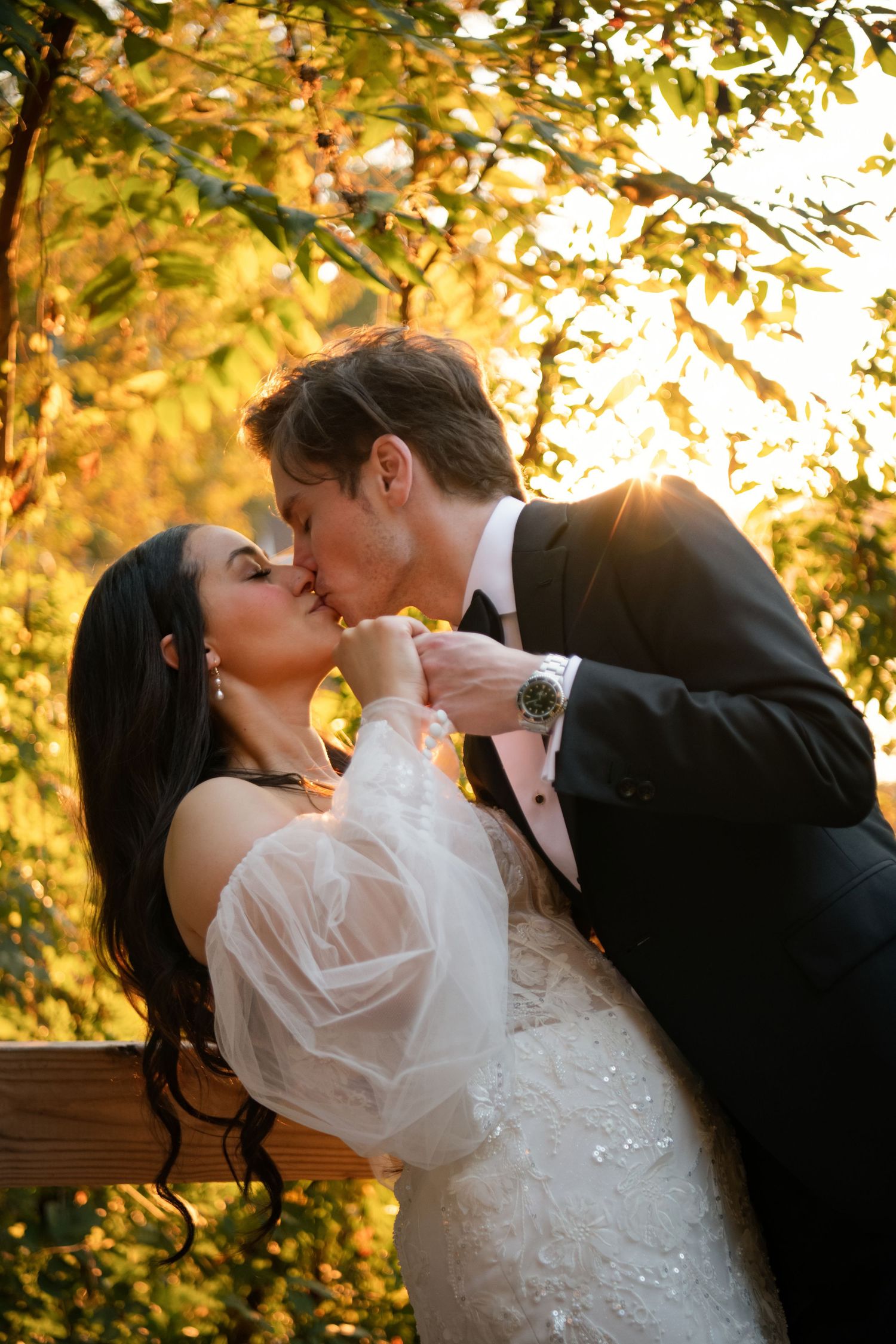 Romantic wedding couple sharing intimate kisses in a series of sunset-lit outdoor photos. Alex Faye Photography Alex Faye Media Wedding