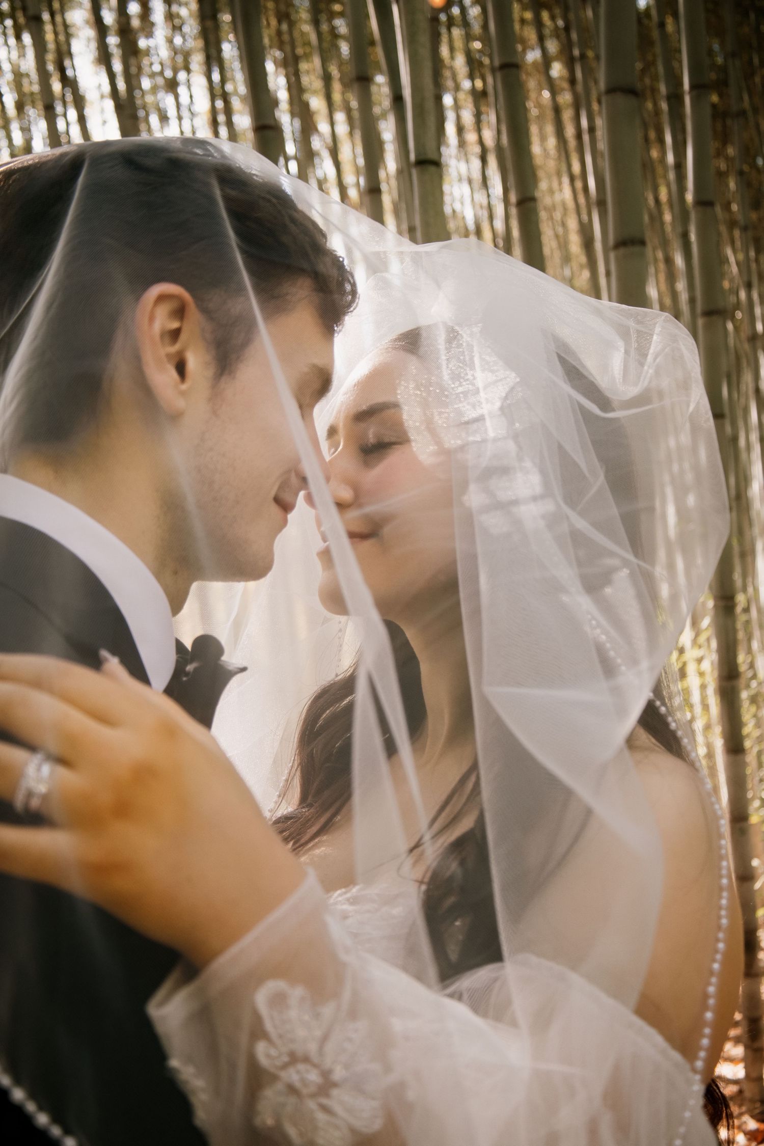 Romantic wedding portrait through delicate veil in bamboo forest. Alex Faye Photography Alex Faye Media Wedding Raleigh