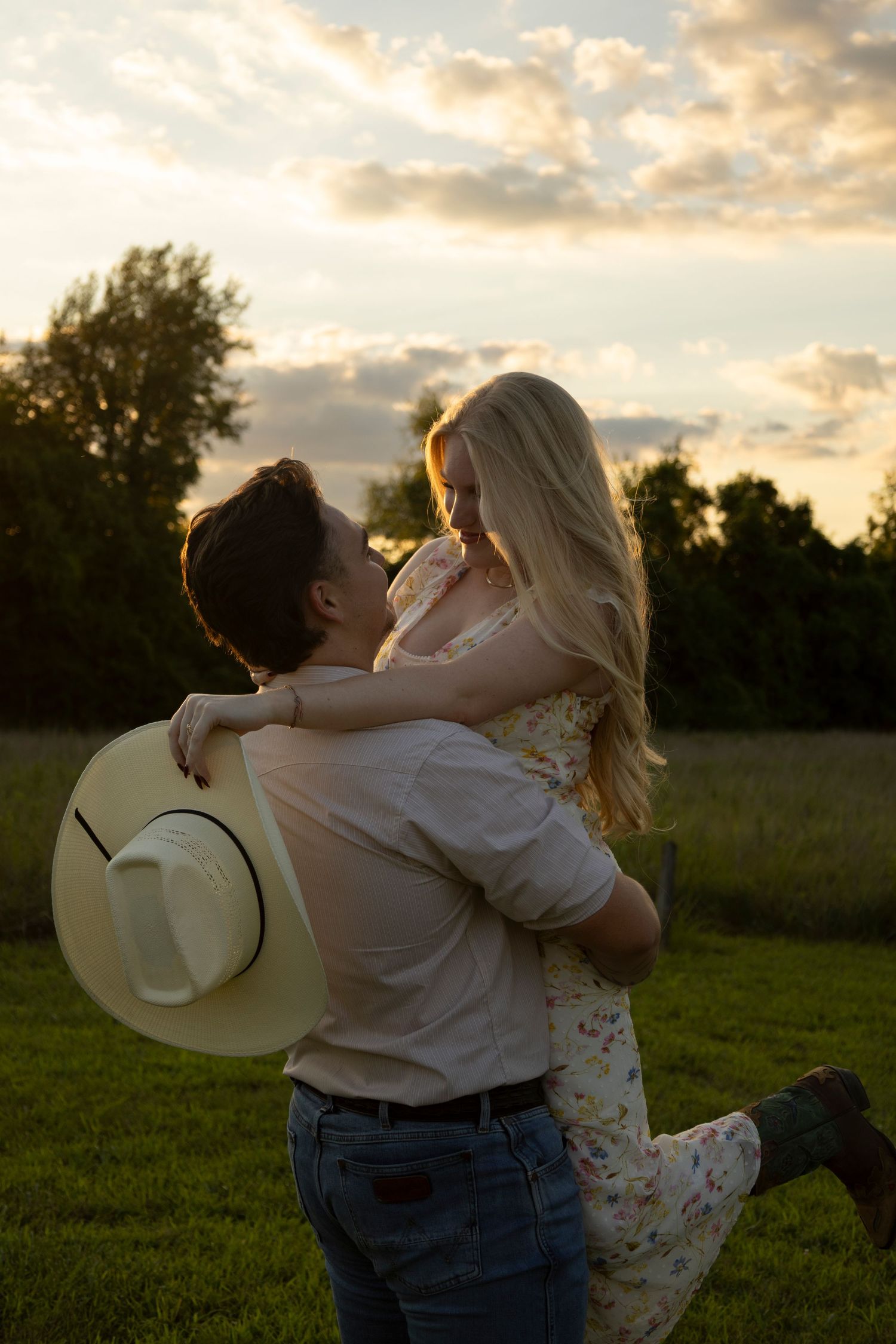 Romantic couple sharing a quiet moment at golden hour