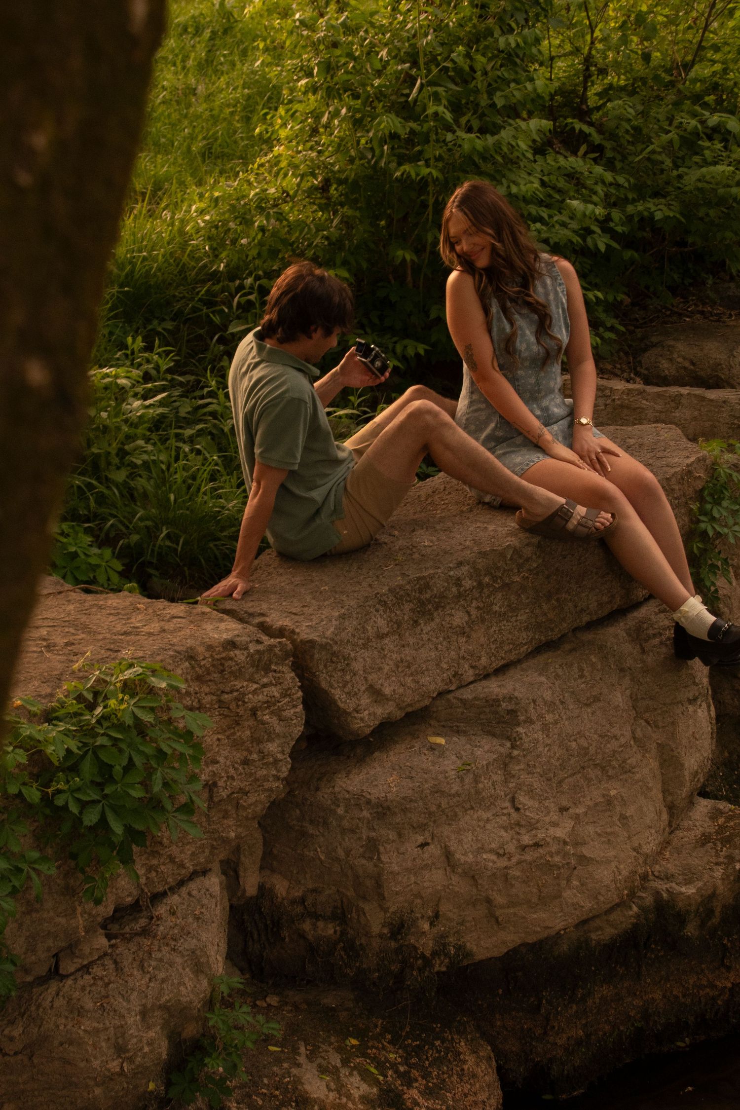 Romantic couple sharing a quiet moment at golden hour