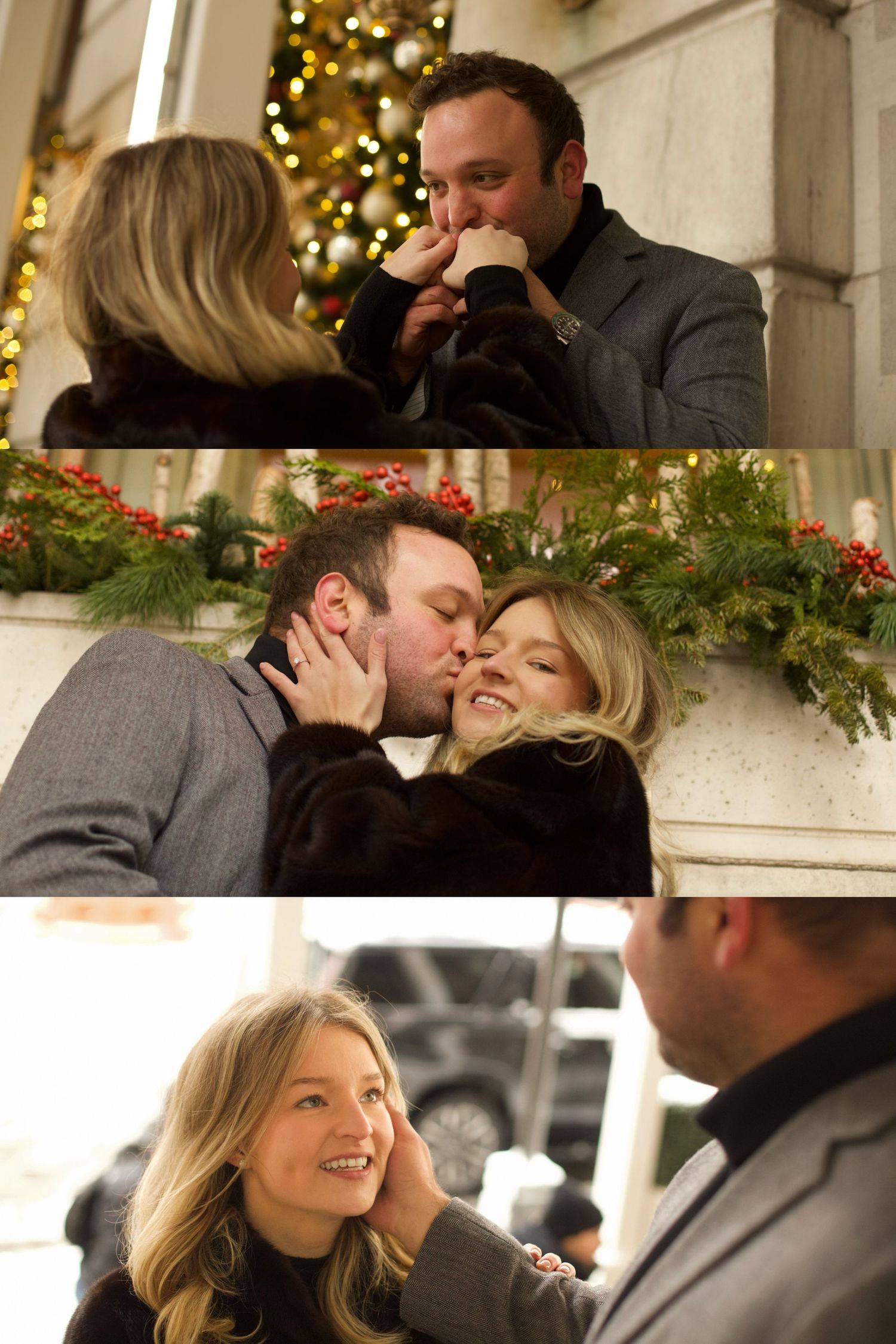 engaged couple, holiday decoration, male kissing woman hands, looking in love collage