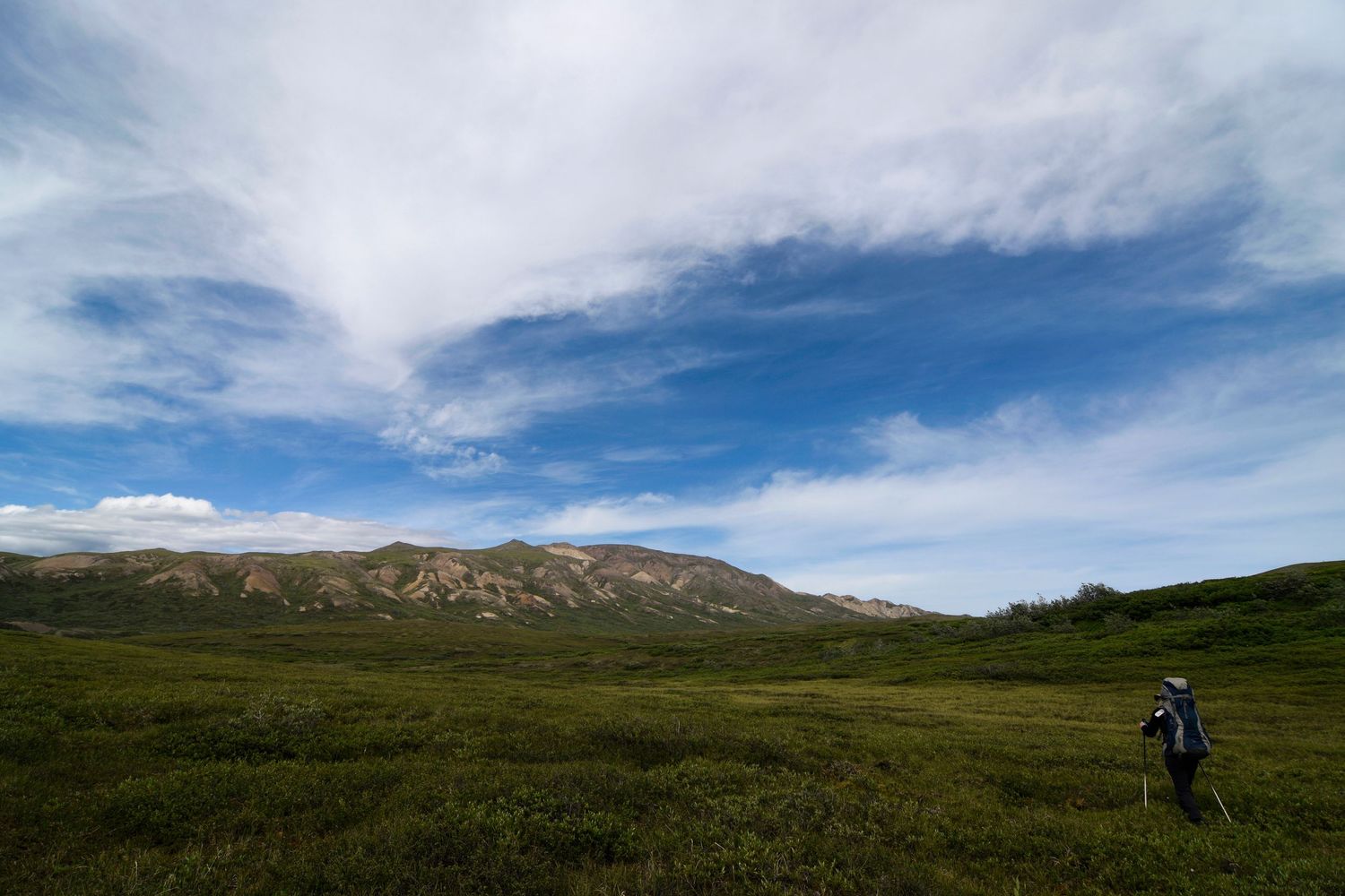 A lone figure strikes out into a huge open expanse of mossy tundra, with a wide blue and cloudy sky and mountains in the background.