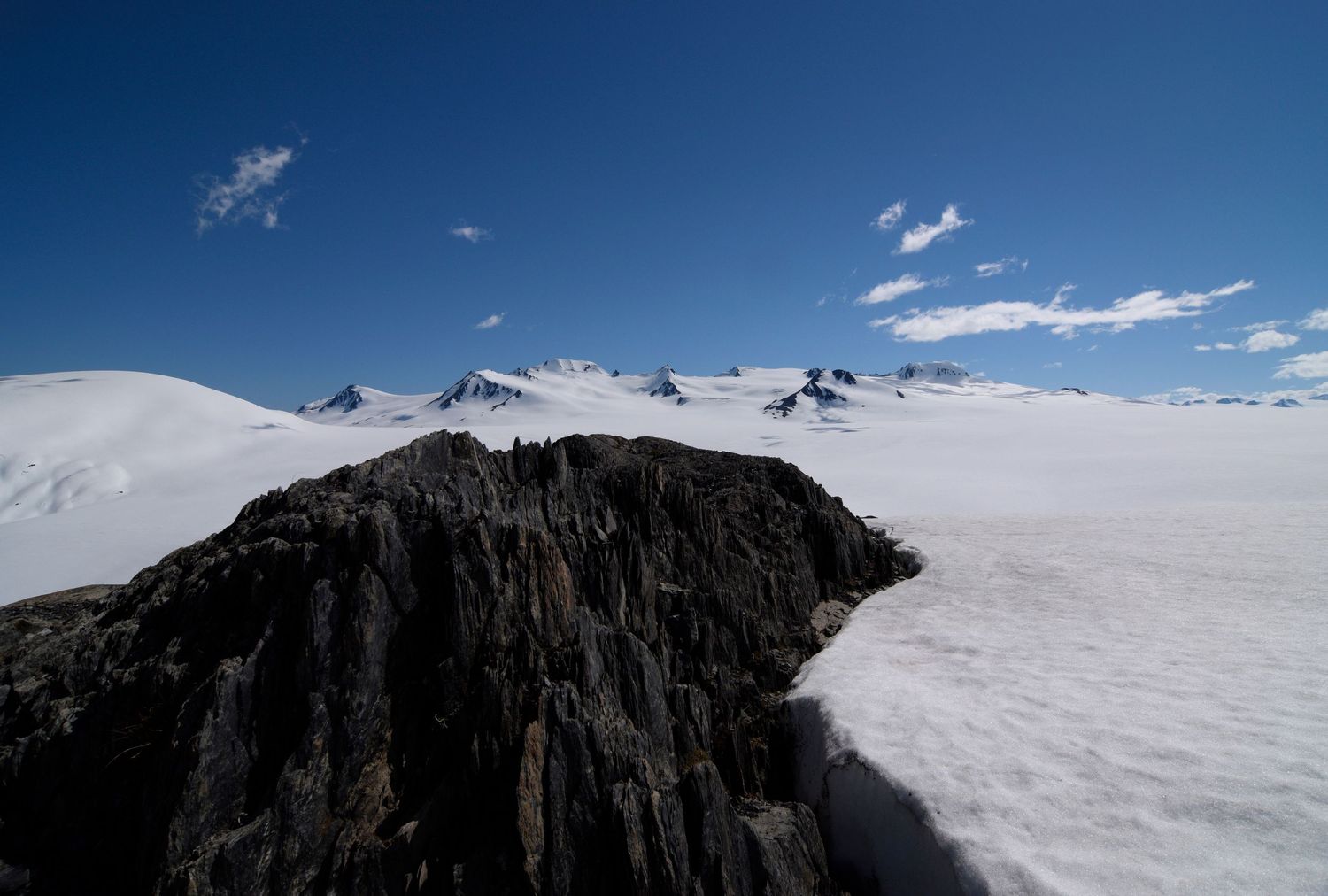 A view from on top of a large ice sheet in Alaska with an outcrop of very dark rock in the foreground, and nunataks or mountain peaks.