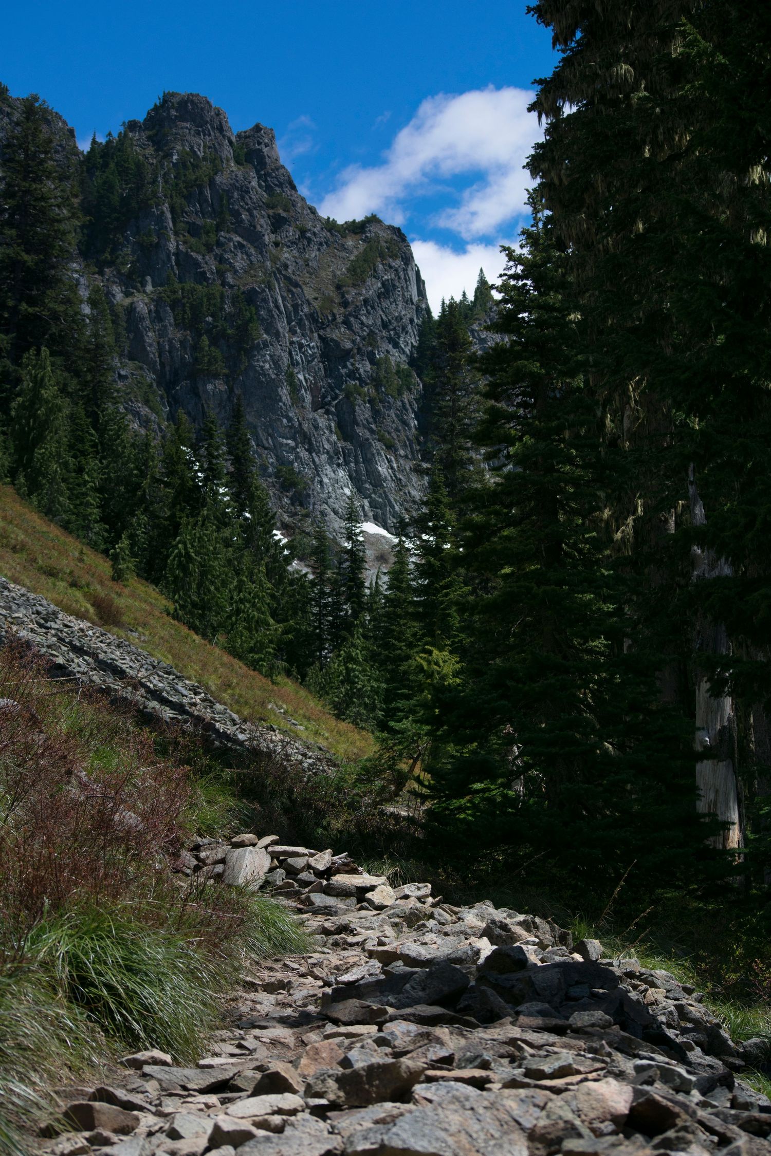 A rocky trail proceeds towards tall cliffs along a trail in Mount Rainier National Park, with a meadowy hillside coming down from the left.