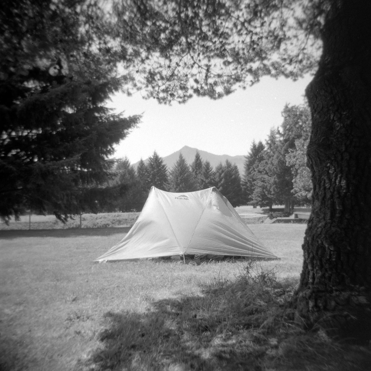 A black and white film Holga photograph of a tarp tent in a park in Cascade Locks, a small town along the PCT in Oregon.