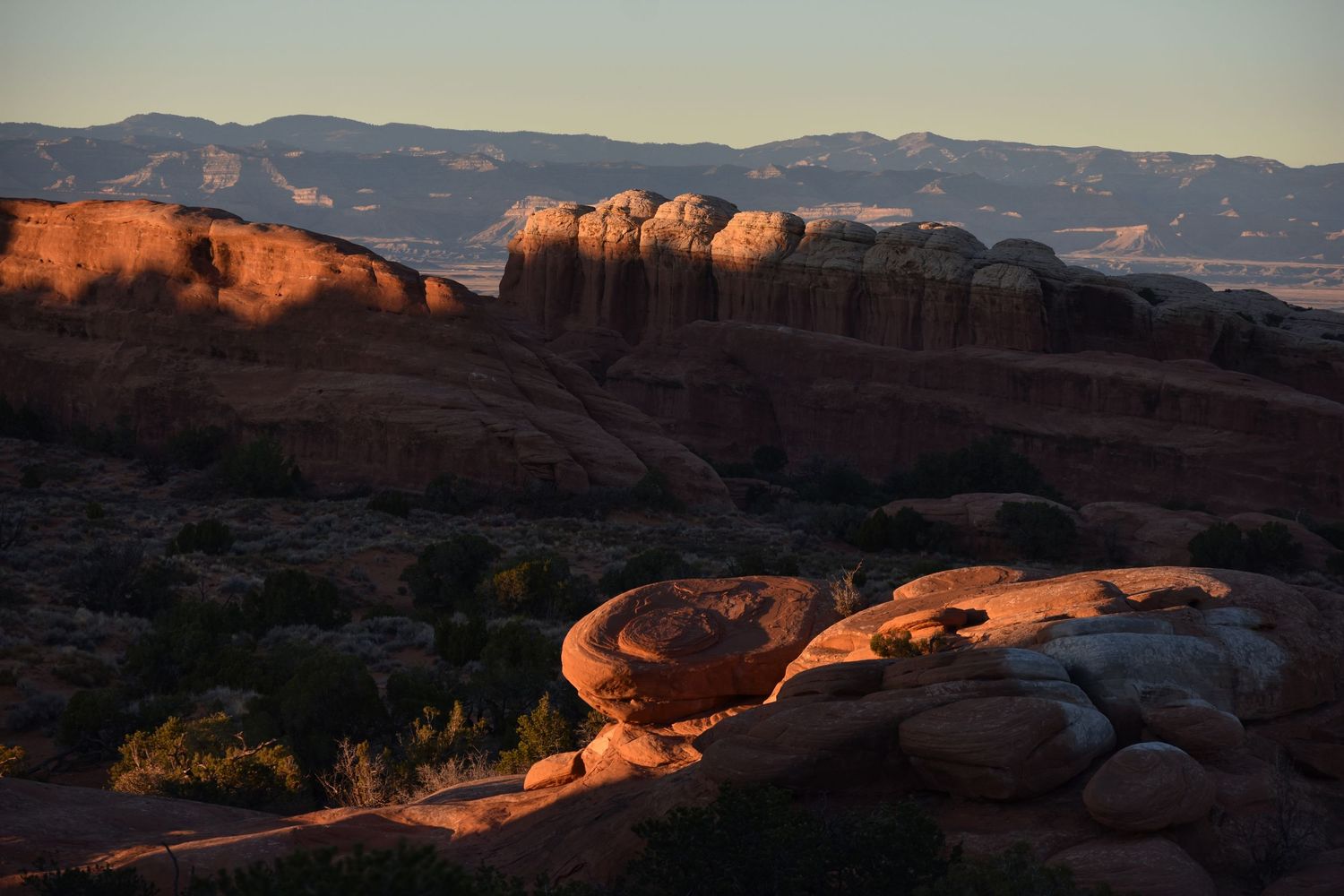 Sunset light plays across the tips of sandstone bounders and huge fins in the background in Arches National Park.
