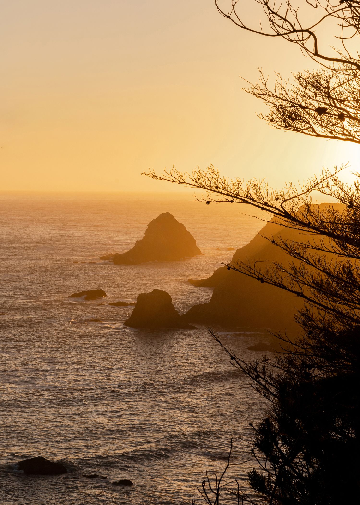 Rocky coastline silhouetted against a golden sunset. Editorial travel photographer based in Colorado. Photographer for hotels in Colorado.