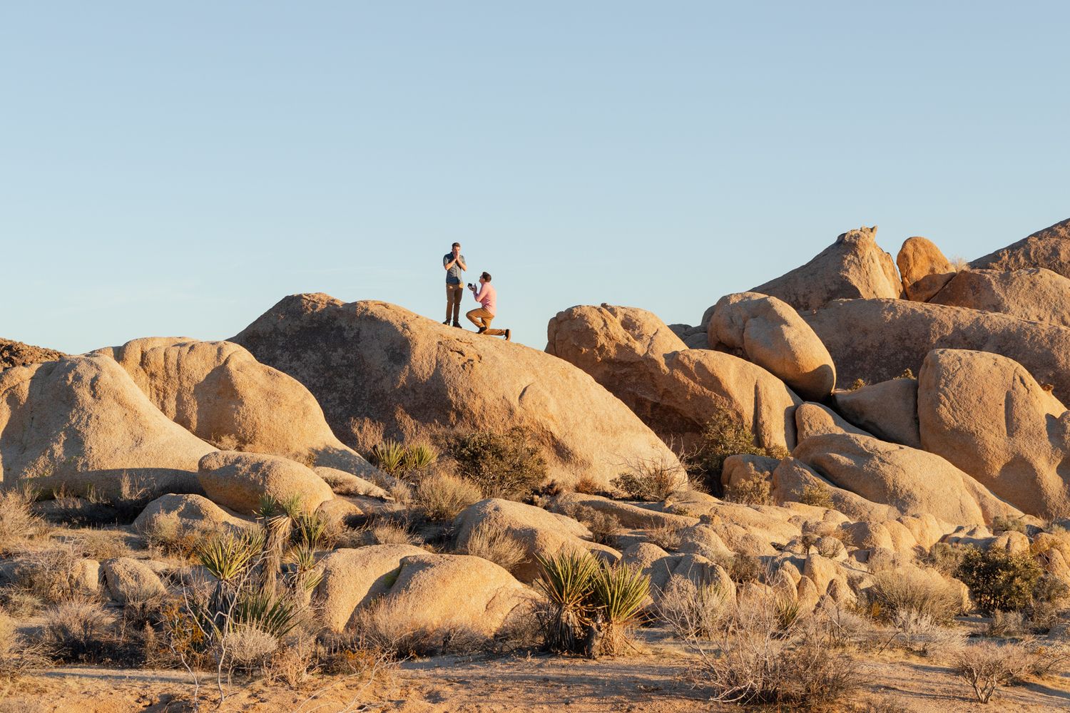 Silhouetted figures stand atop large desert rock formations during golden hour at Joshua Tree National Park.