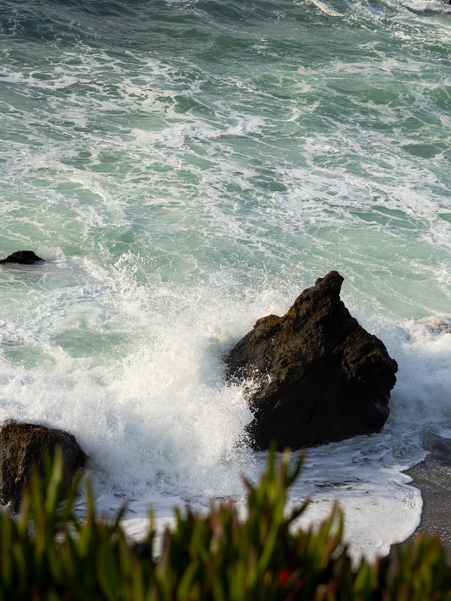 Ocean waves crashing against dark coastal rocks with white sea foam, turquoise water, and green coastal plants. Editorial travel photography