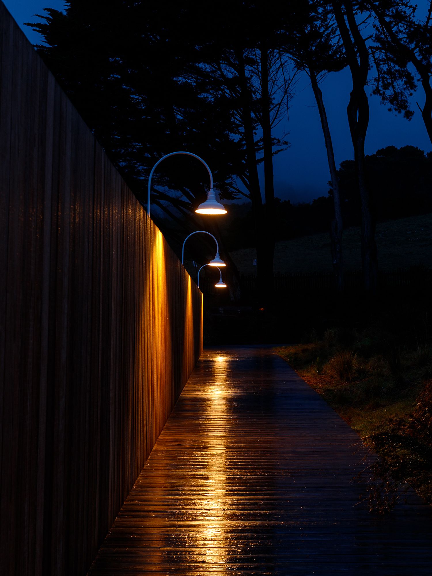 Wet wooden pathway at night illuminated by glowing street lamps reflecting on the path beside a tall wooden fence.