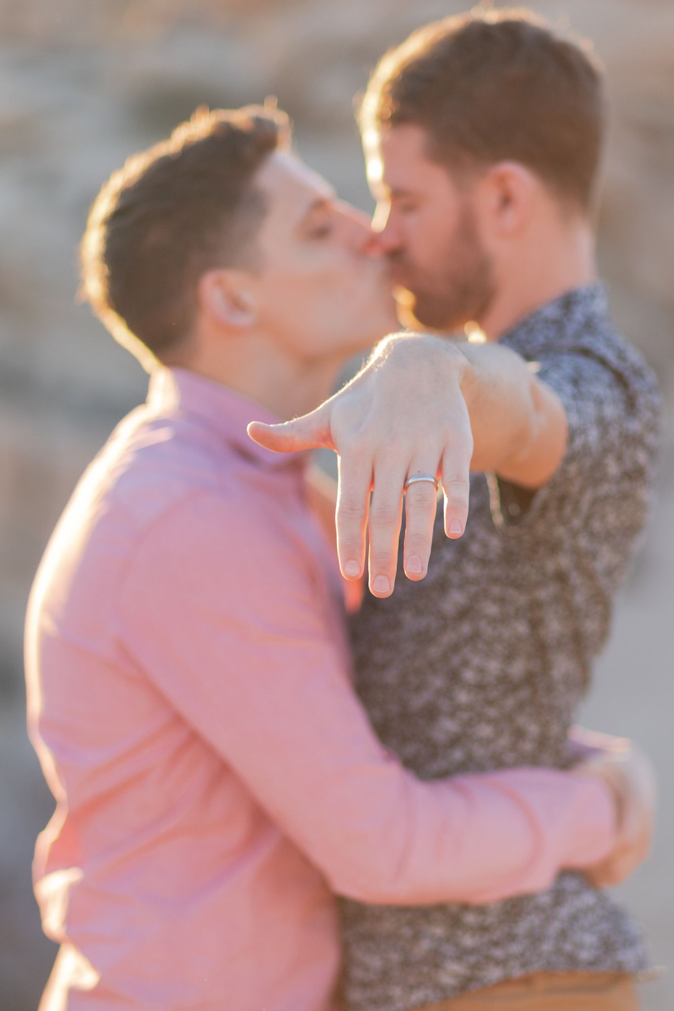 A romantic sequence of proposal photos showing a couple embracing at sunset with a ring being displayed.