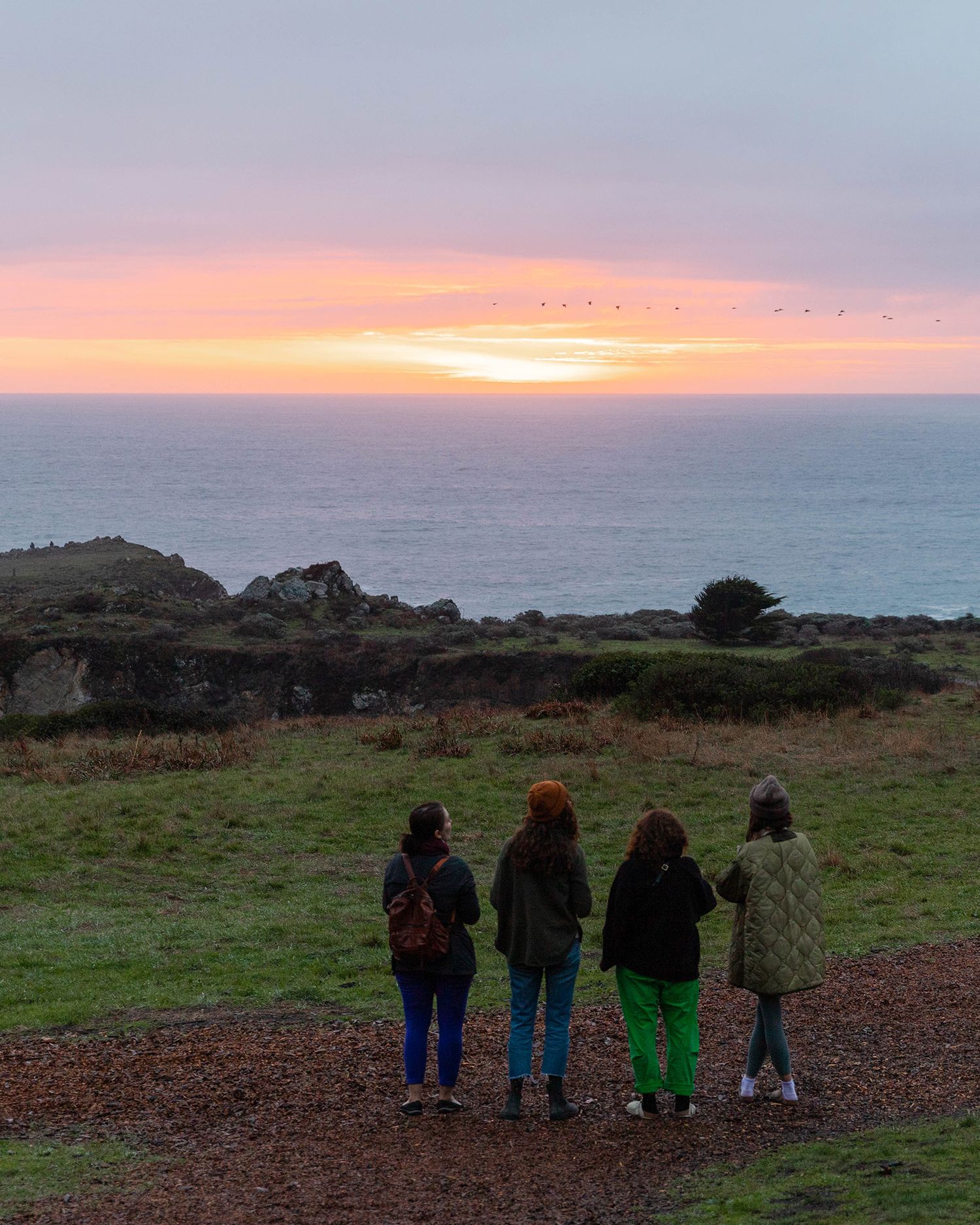 Travel photography by Colorado based photographer Adrian Kahn of a group admiring the Pacific Ocean from a grassy coastal overlook at sunset