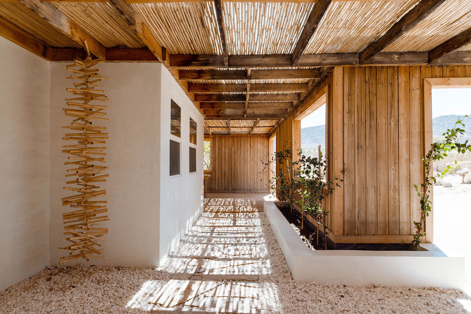Rustic wooden beamed hallway with natural light streaming through bamboo ceiling details. Interior photographer in Colorado.