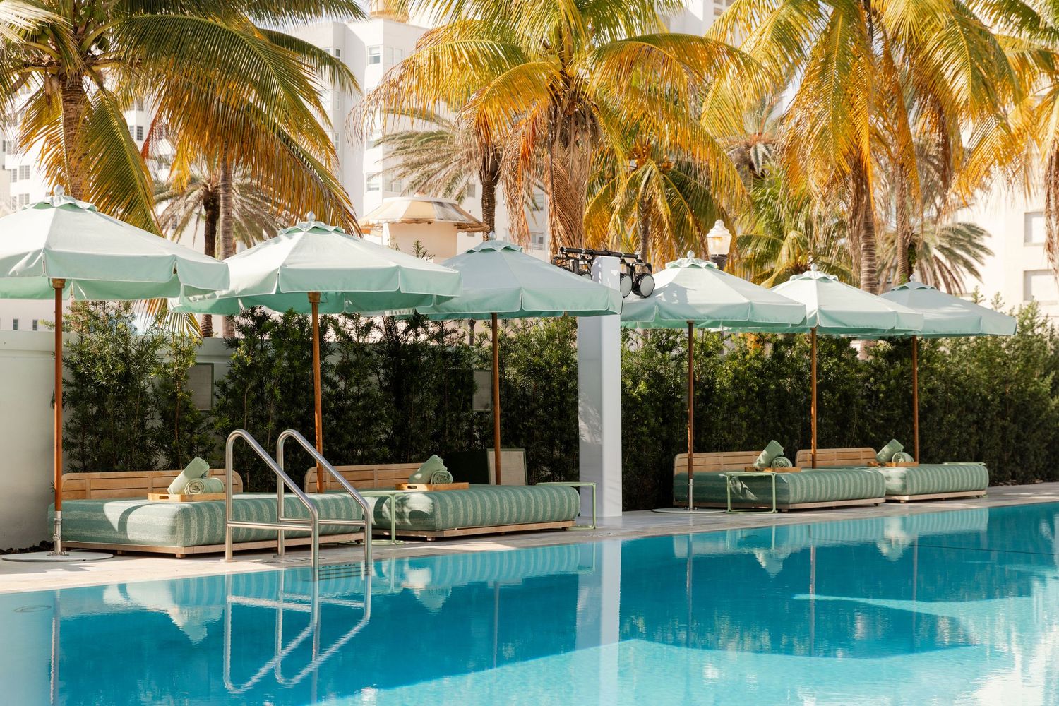 Luxury resort swimming pool surrounded by tall palm trees and white lounge chairs under a bright blue sky.