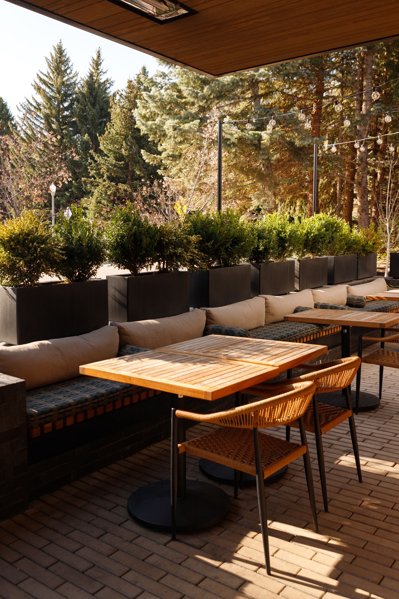 Outdoor patio dining area with wooden tables, wicker chairs, and lush green trees.
