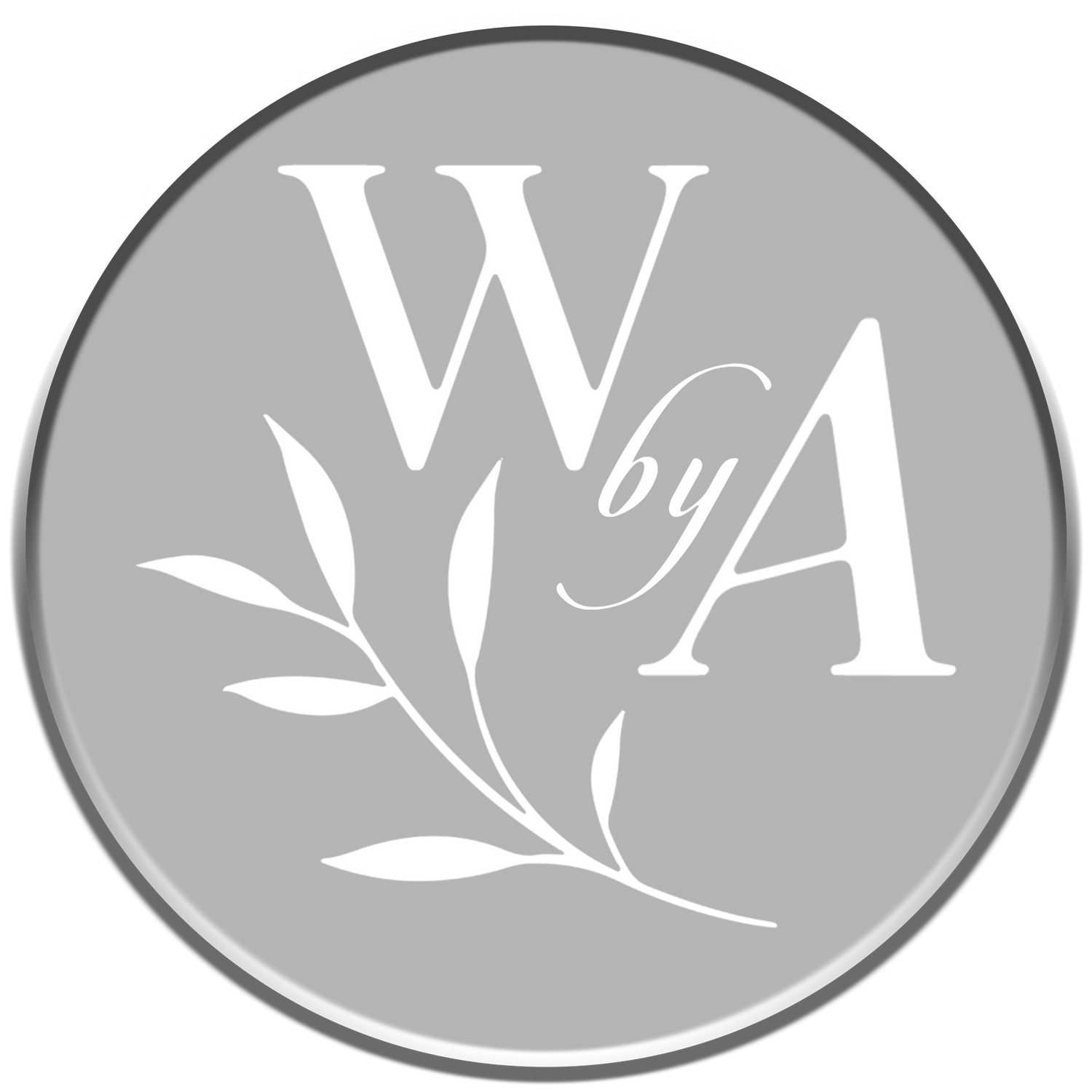 Simple gray roundel logo featuring WbyA text and decorative leaf detail.