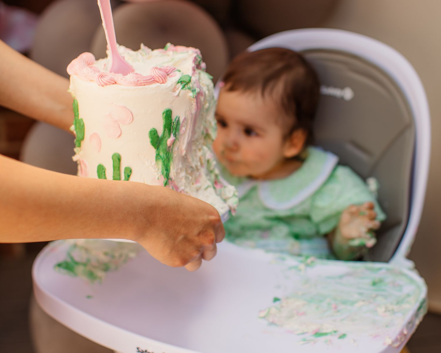Adult presenting decorated cactus smash cake to baby girl in high chair at birthday party.