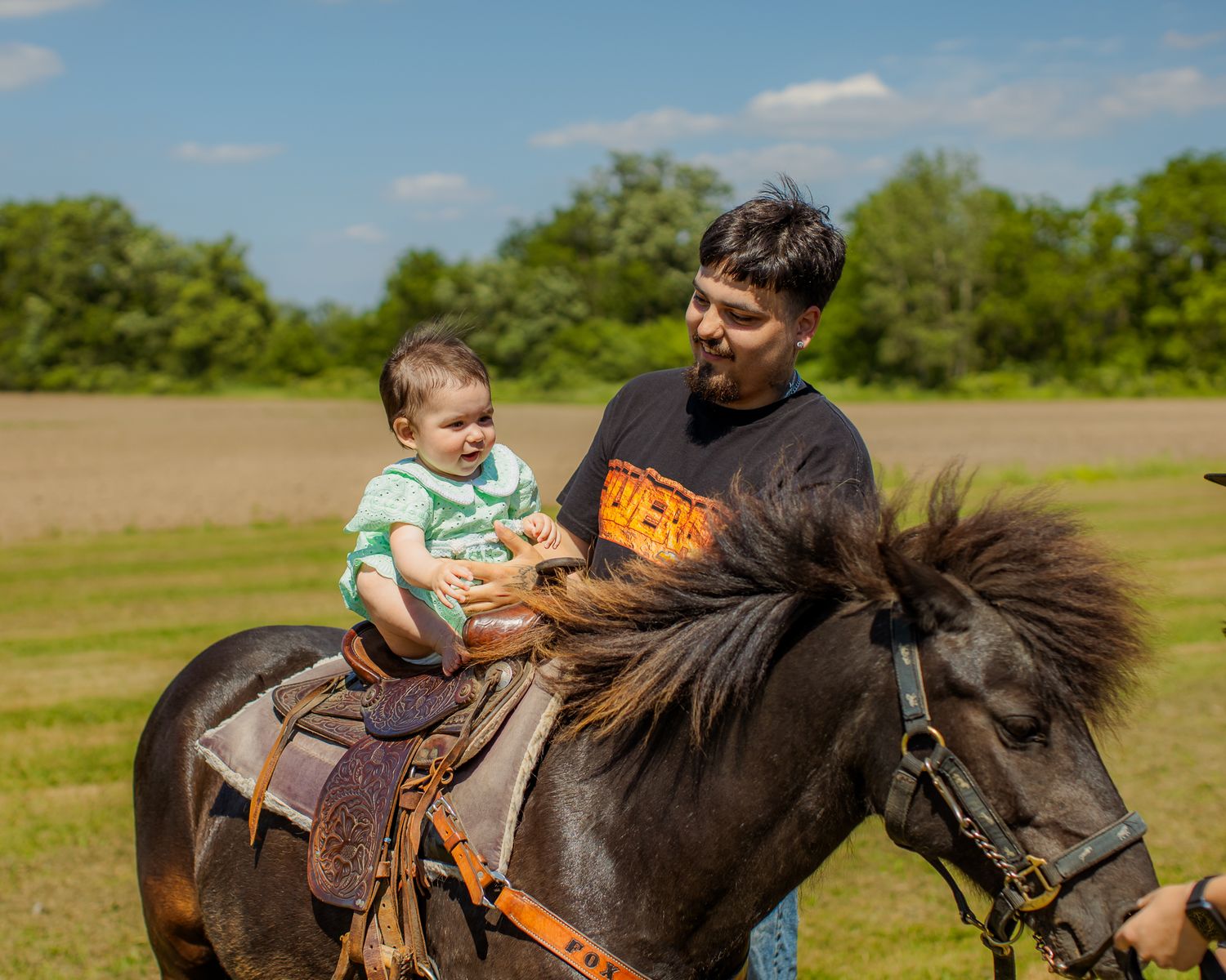 Father and baby sitting on a dark horse in a sunny green field outdoors.